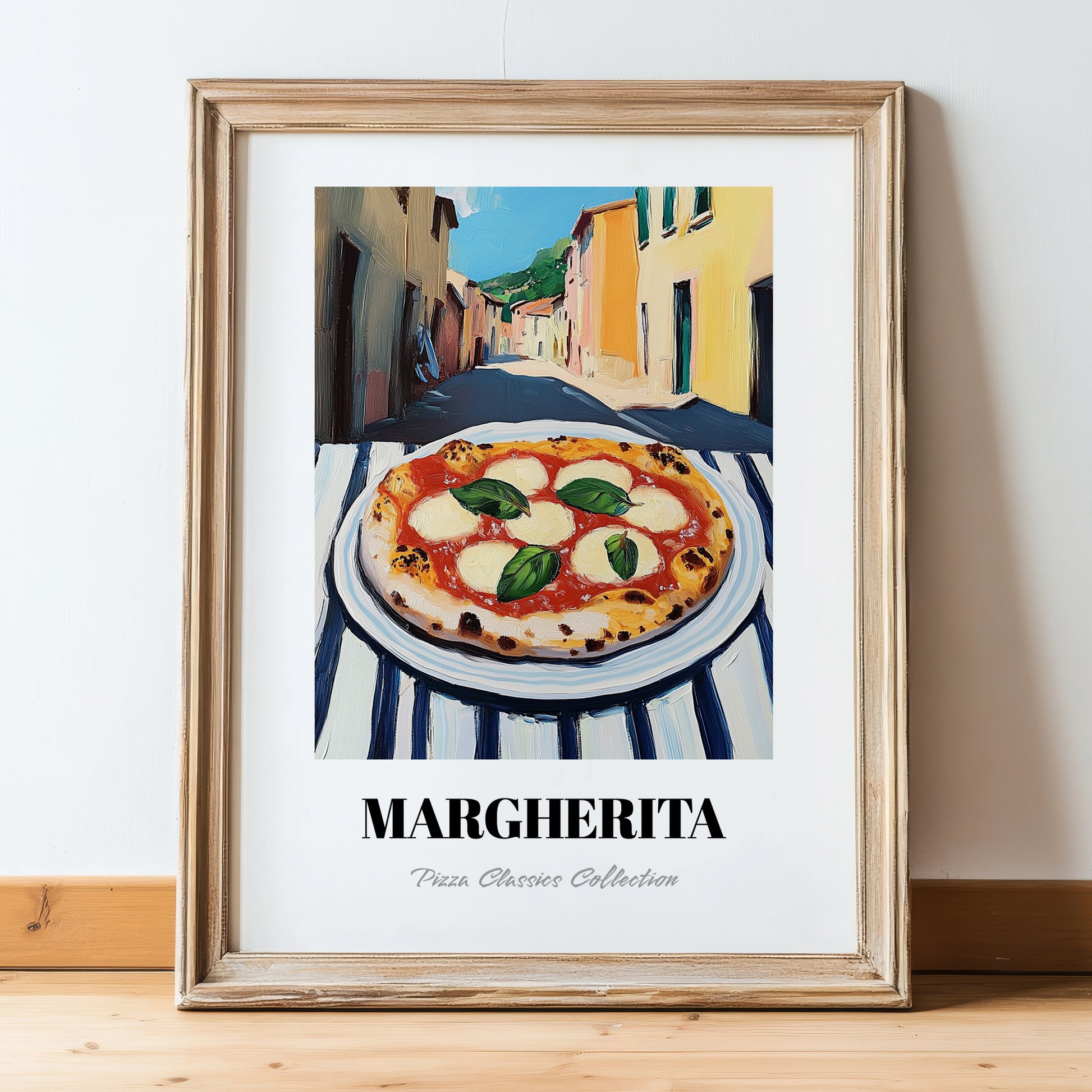 Pizza Margherita – Italian Urban Café Scene, Pizza Still Life, in wooden frame leaning on the floor