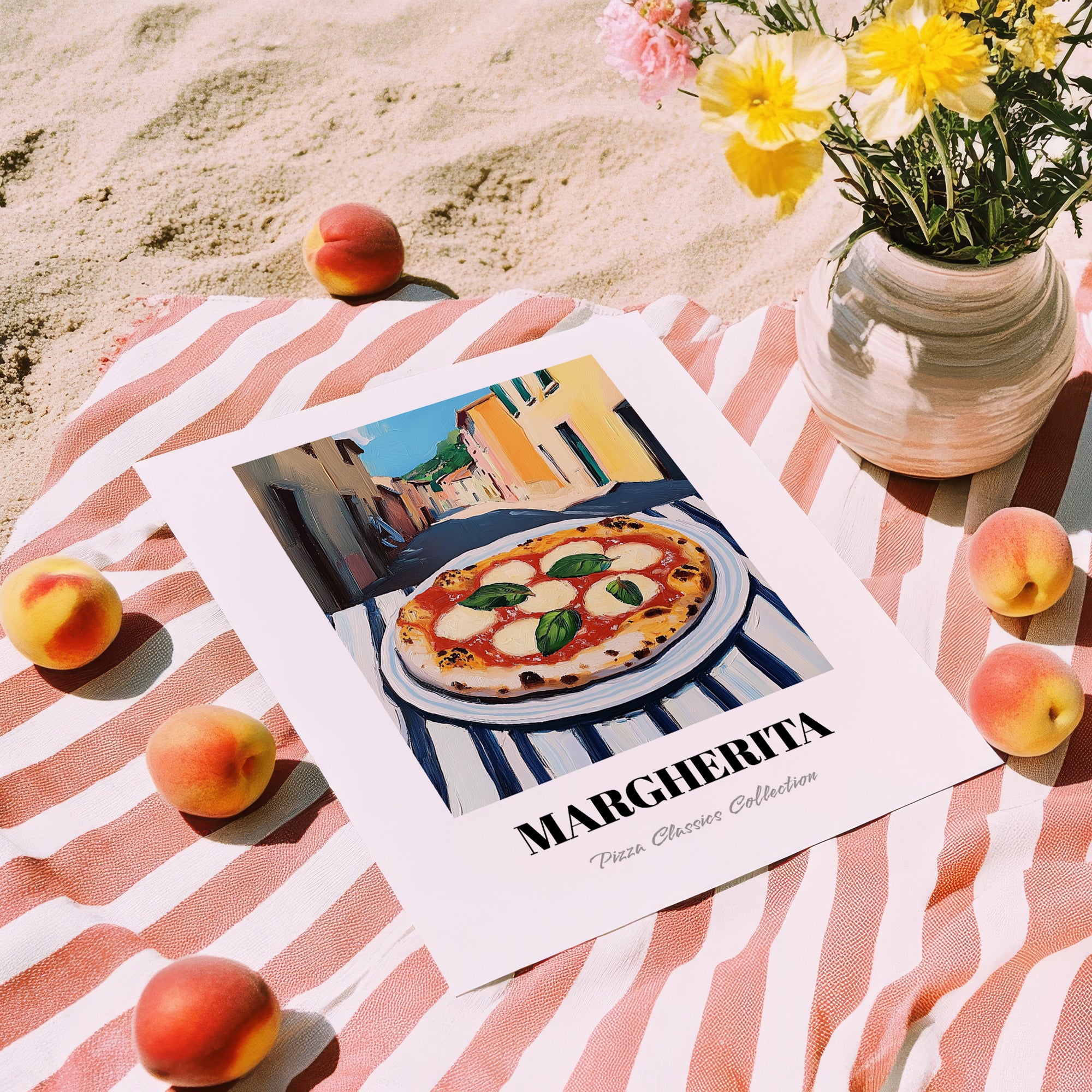 Pizza Margherita – Italian Urban Café Scene, Pizza Still Life, unframed on coastal sand