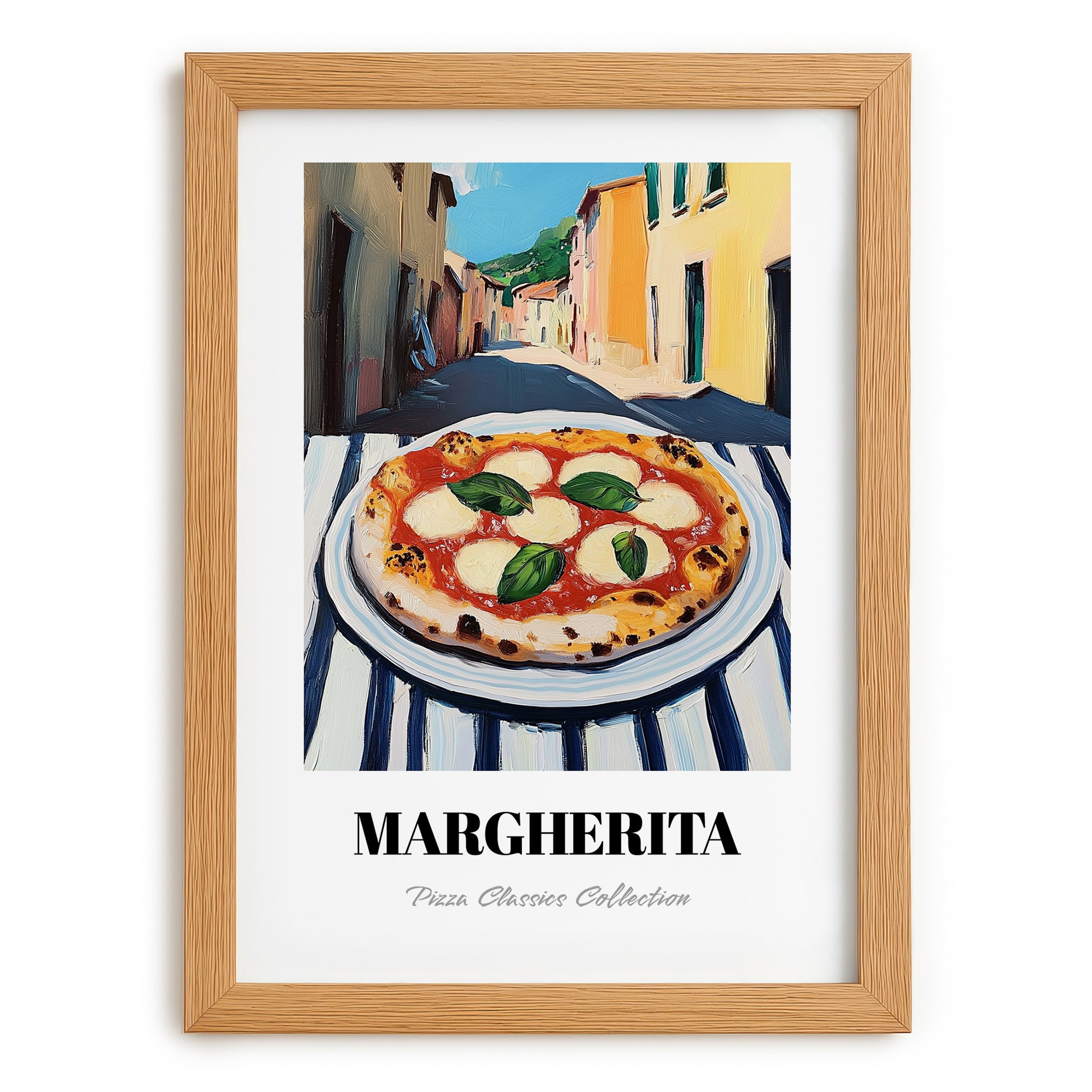 Pizza Margherita – Italian Urban Café Scene, Pizza Still Life, set in oak frame