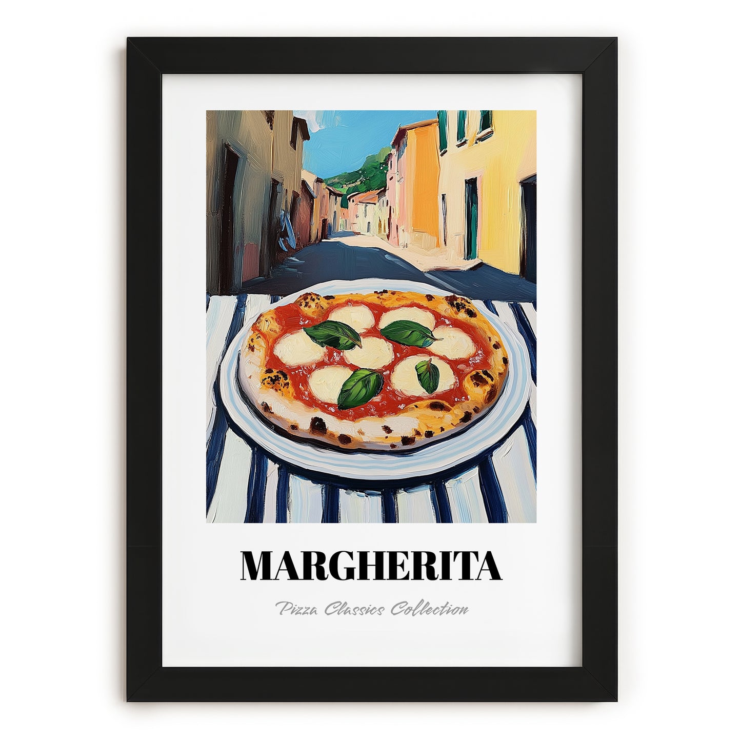 Pizza Margherita – Italian Urban Café Scene, Pizza Still Life, in sleek black frame