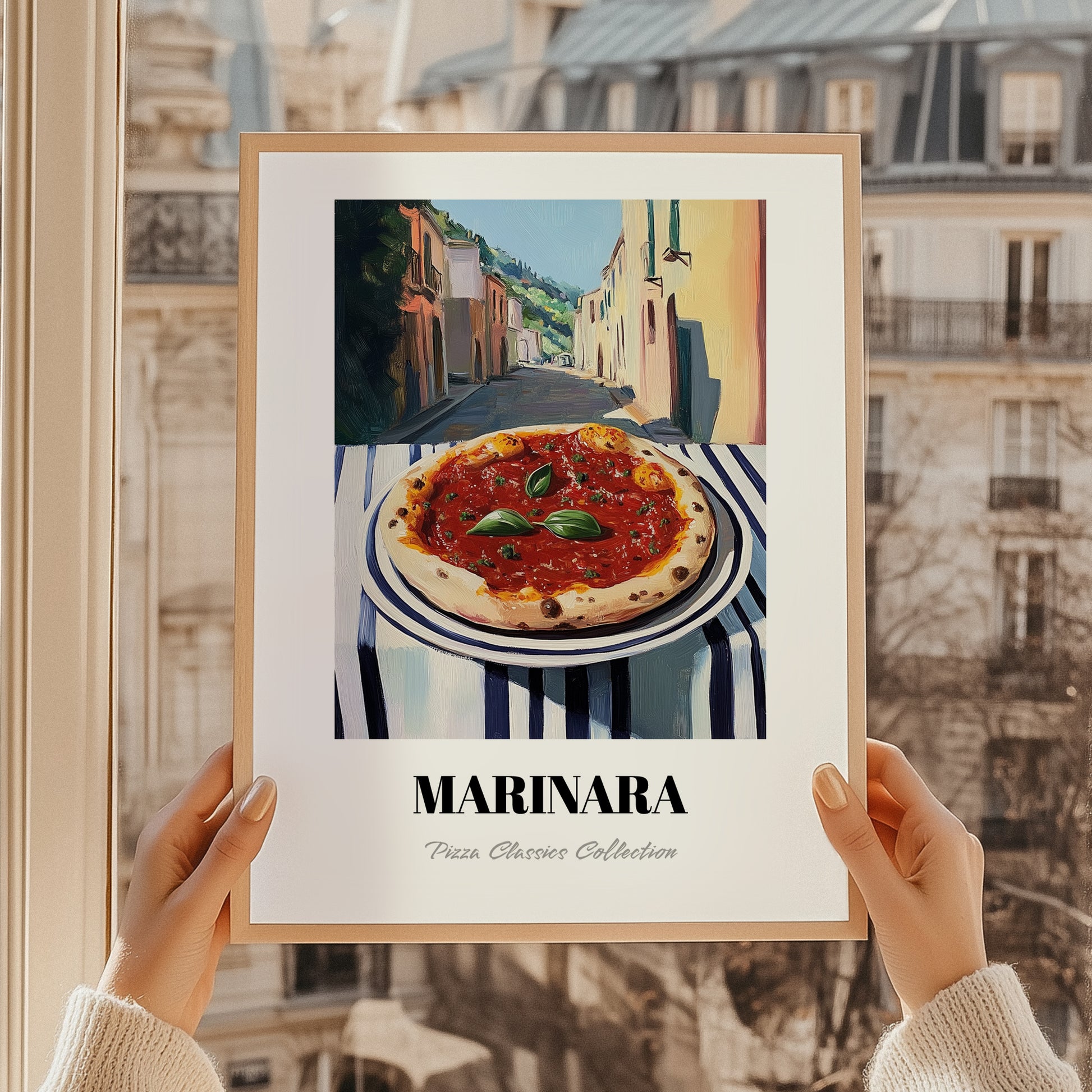 Pizza Marinara – Italian Outdoor Café Scene, Pizza Painting, styled in a charming Paris street view