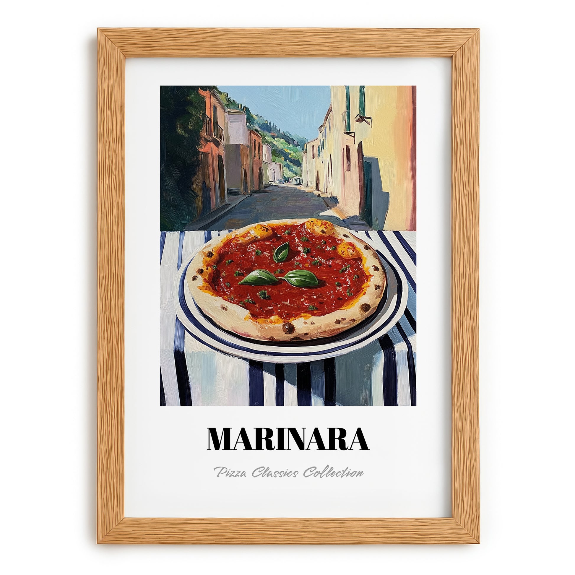 Pizza Marinara – Italian Outdoor Café Scene, Pizza Painting, set in oak frame