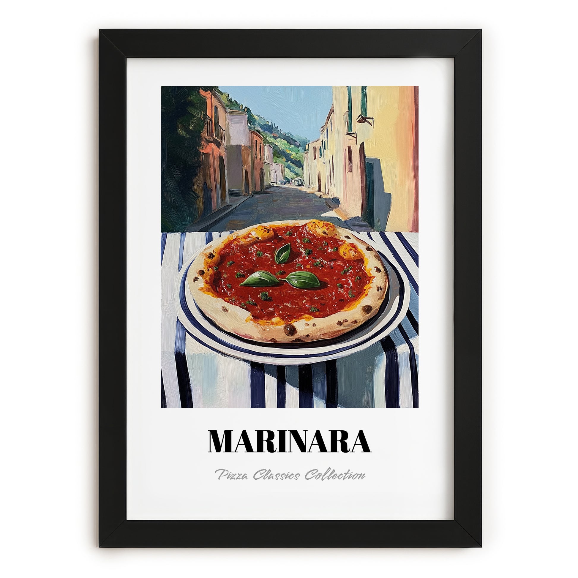 Pizza Marinara – Italian Outdoor Café Scene, Pizza Painting, in sleek black frame