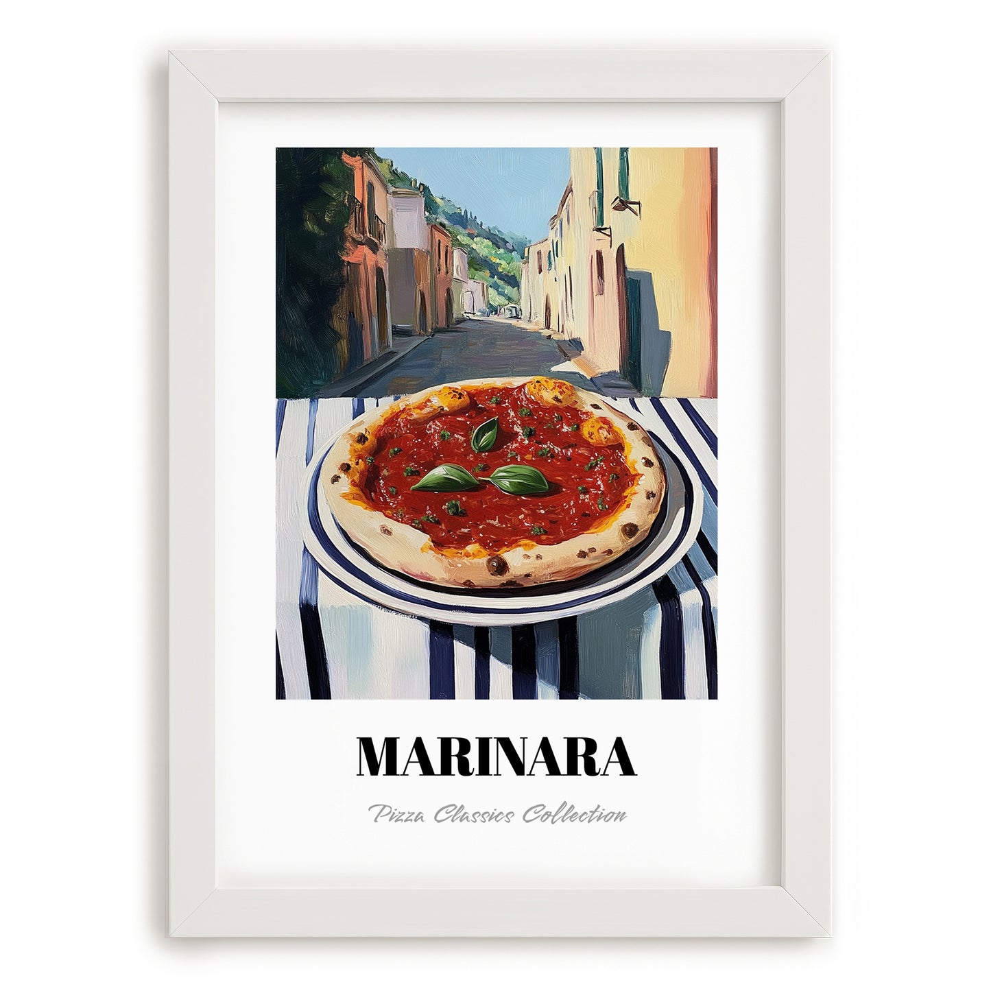 Pizza Marinara – Italian Outdoor Café Scene, Pizza Painting, placed in minimal white frame