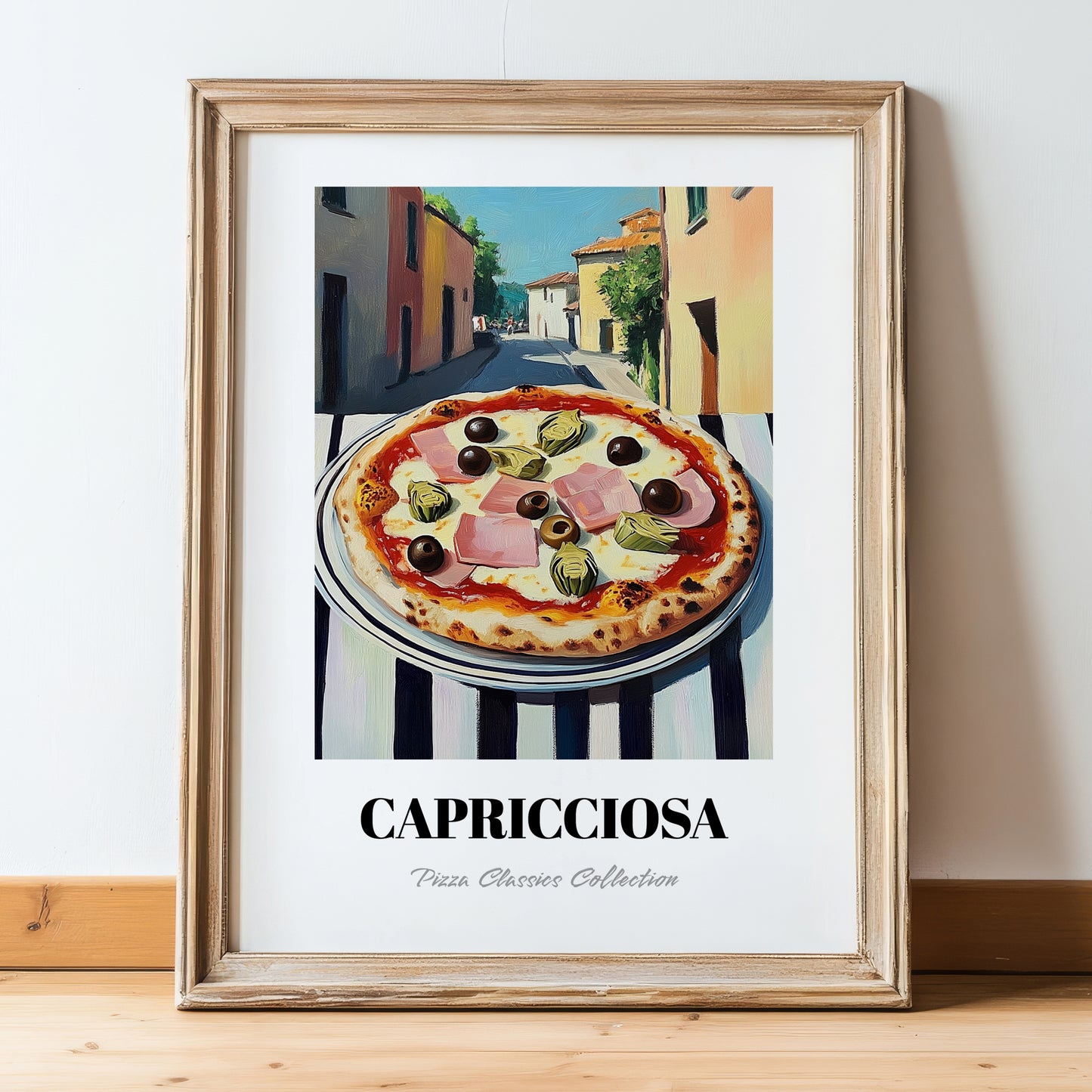 Pizza Capricciosa – Italian Street Café Scene, Pizza Still Life, in wooden frame leaning on the floor