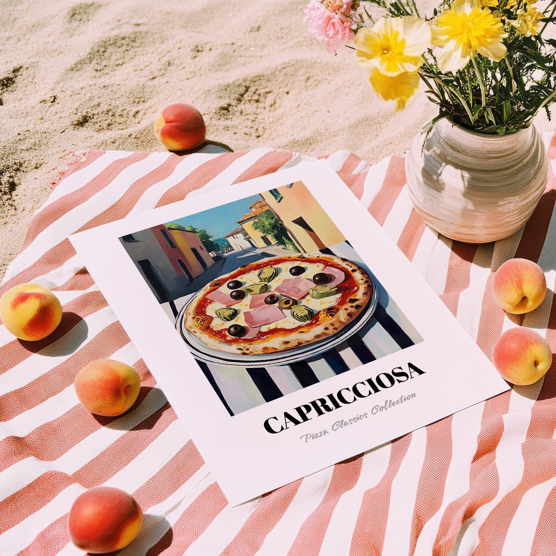 Pizza Capricciosa – Italian Street Café Scene, Pizza Still Life, unframed on coastal sand