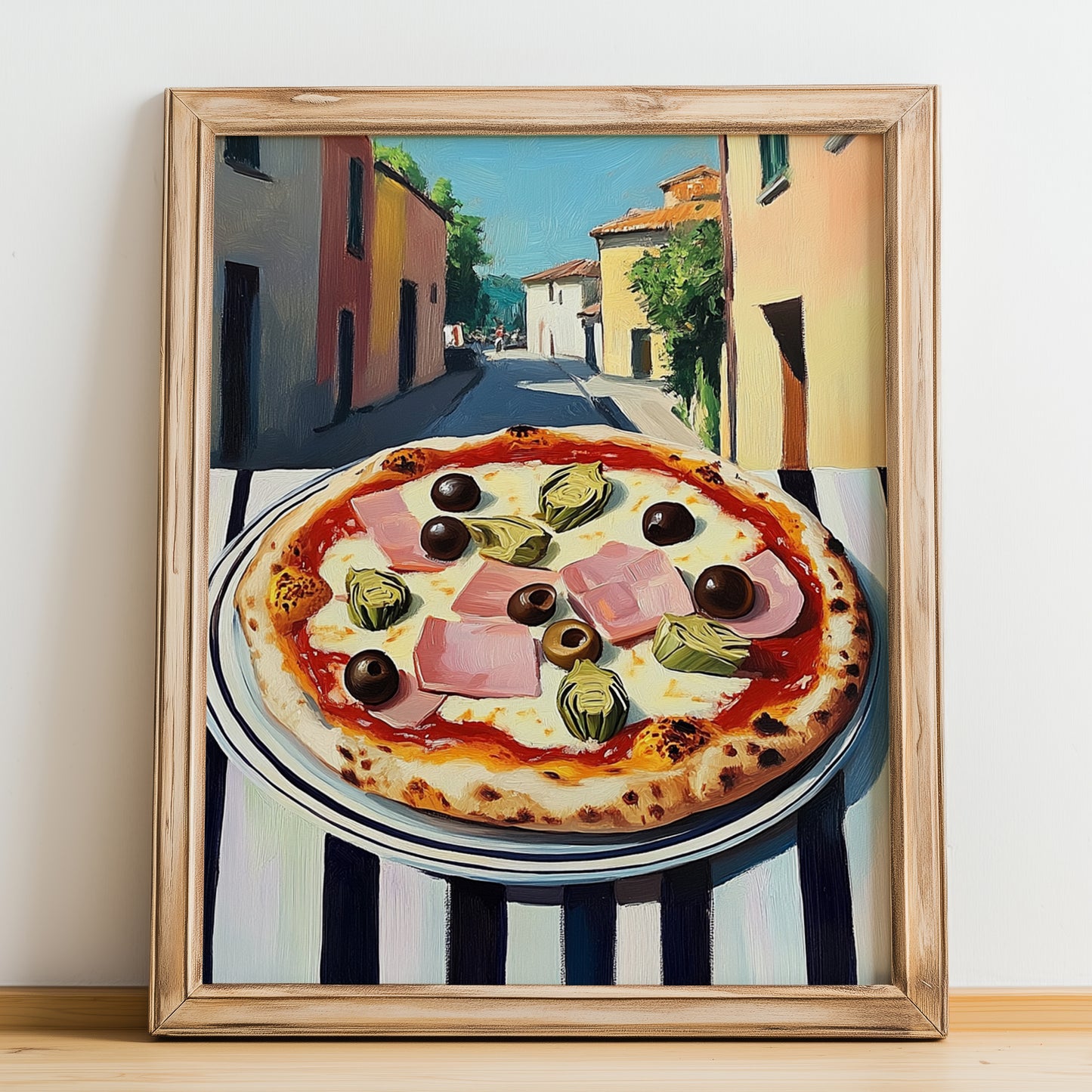 Pizza Capricciosa – Italian Street Café Scene, Pizza Still Life, no-text version framed in wood