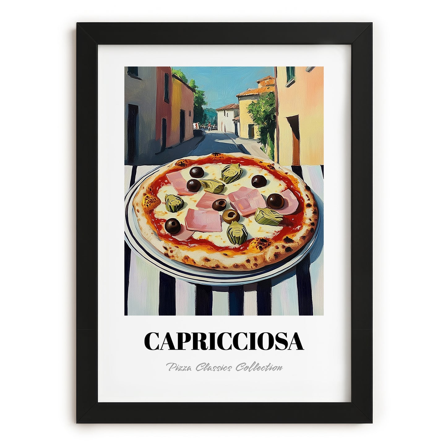 Pizza Capricciosa – Italian Street Café Scene, Pizza Still Life, in sleek black frame