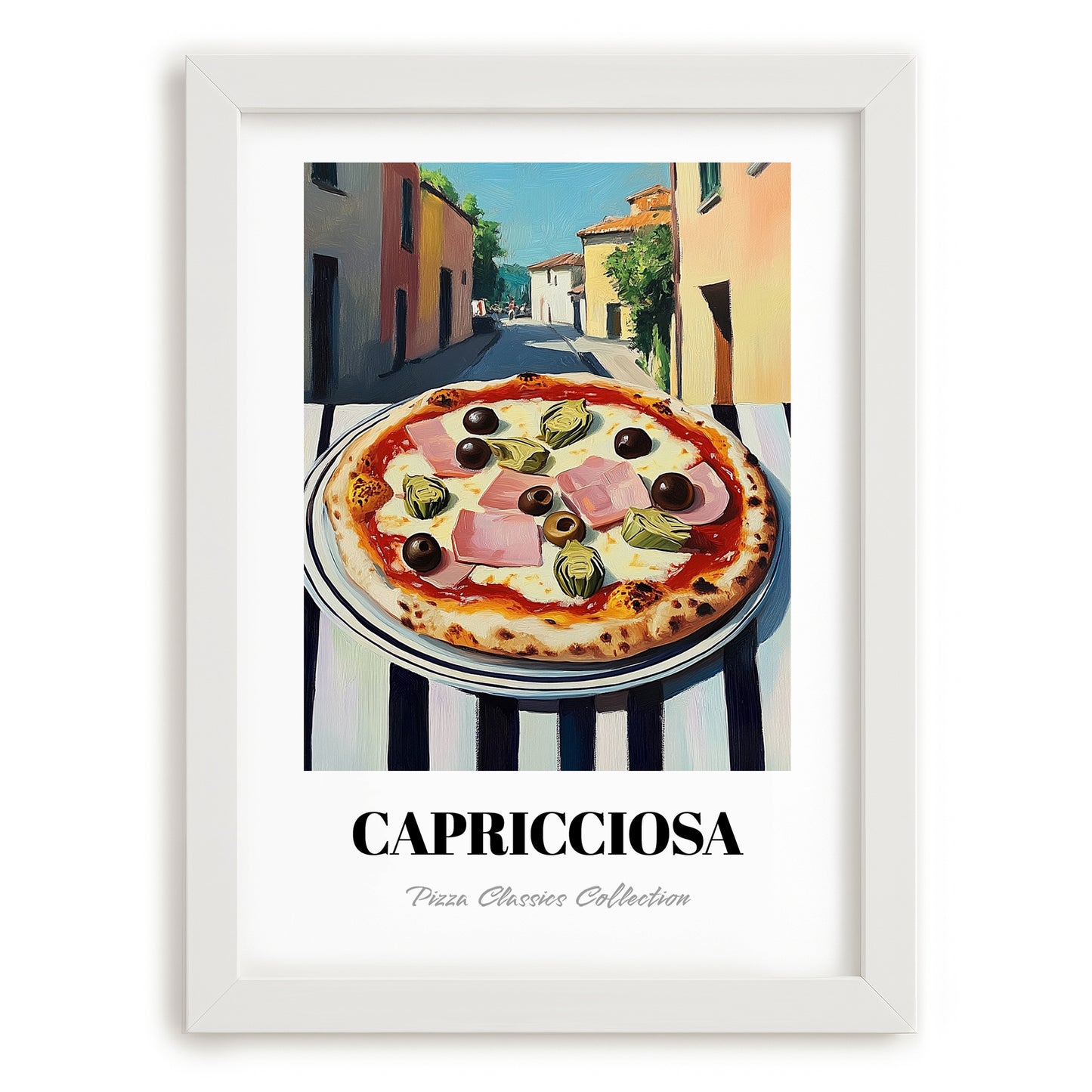 Pizza Capricciosa – Italian Street Café Scene, Pizza Still Life, placed in minimal white frame