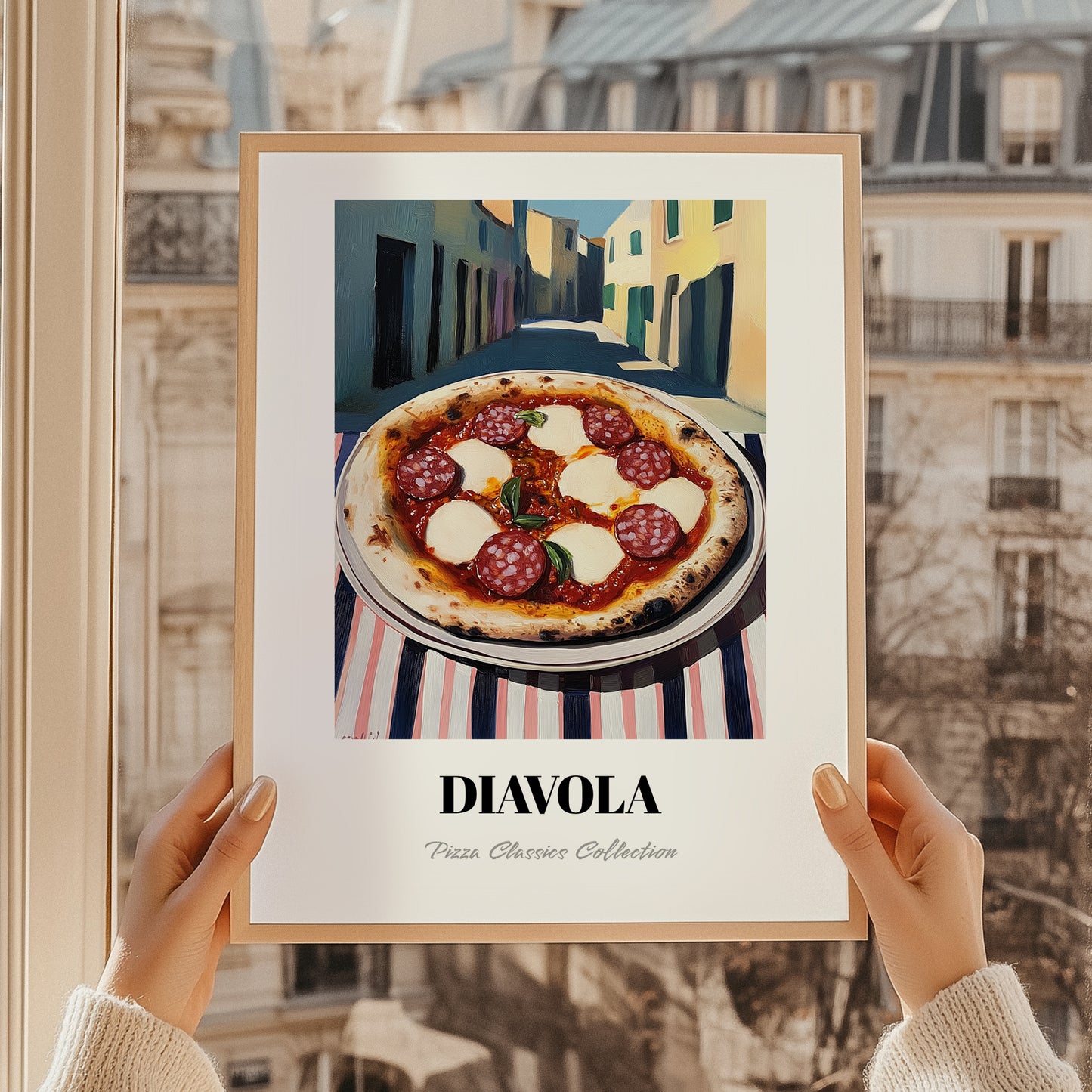 Pizza Diavola – Italian Outdoor Café Scene, Pizza Wall Decor, styled in a charming Paris street view