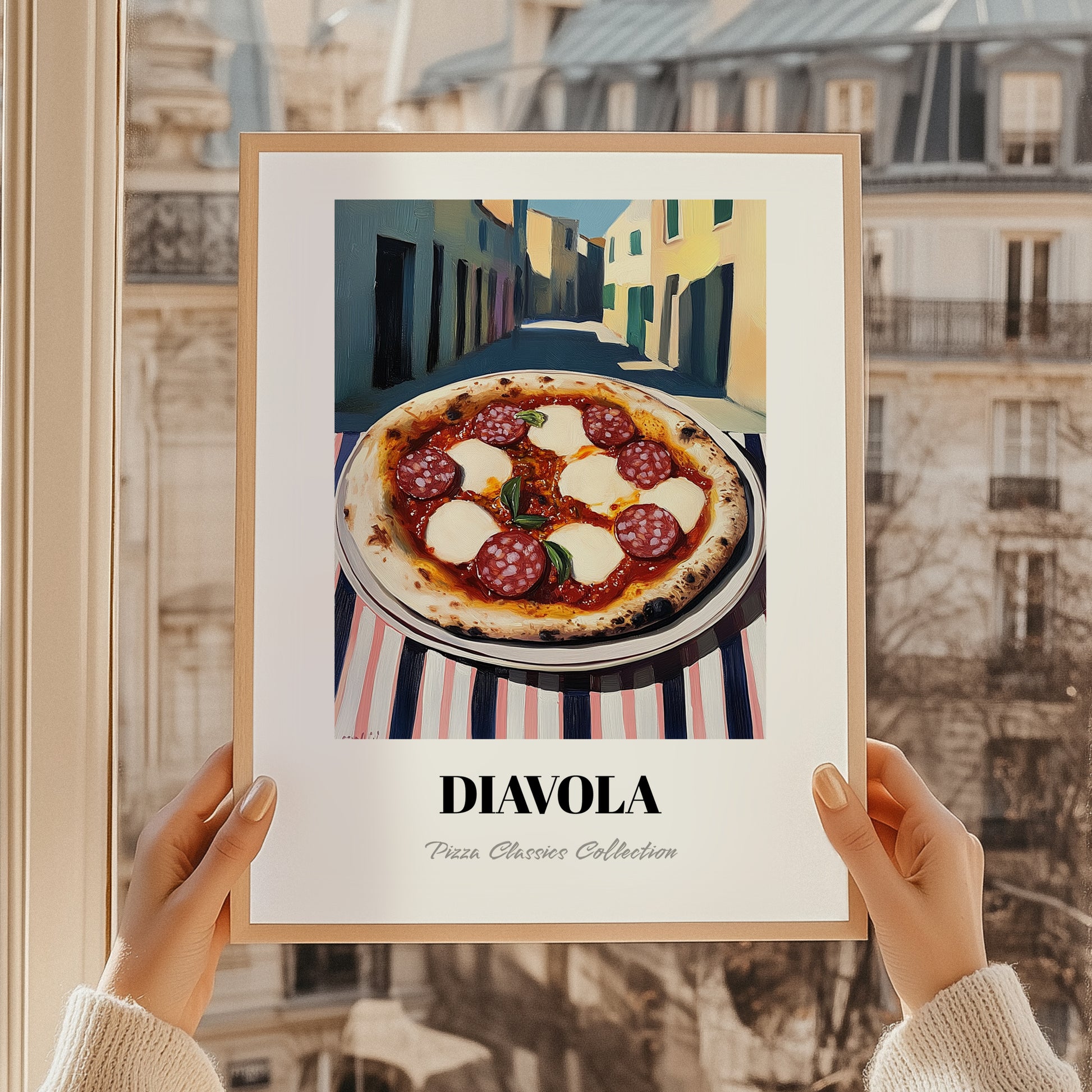 Pizza Diavola – Italian Outdoor Café Scene, Pizza Wall Decor, styled in a charming Paris street view