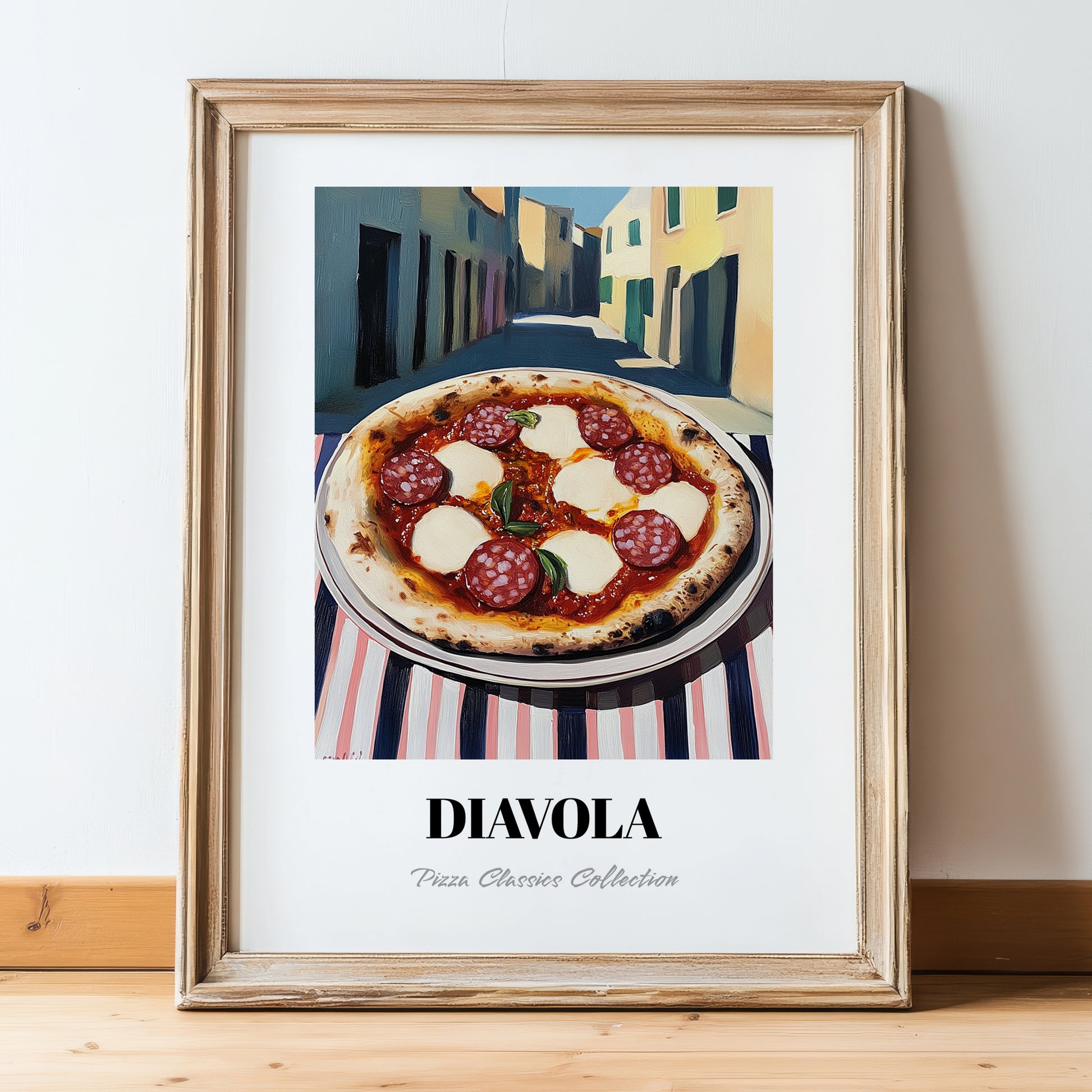 Pizza Diavola – Italian Outdoor Café Scene, Pizza Wall Decor, in wooden frame leaning on the floor