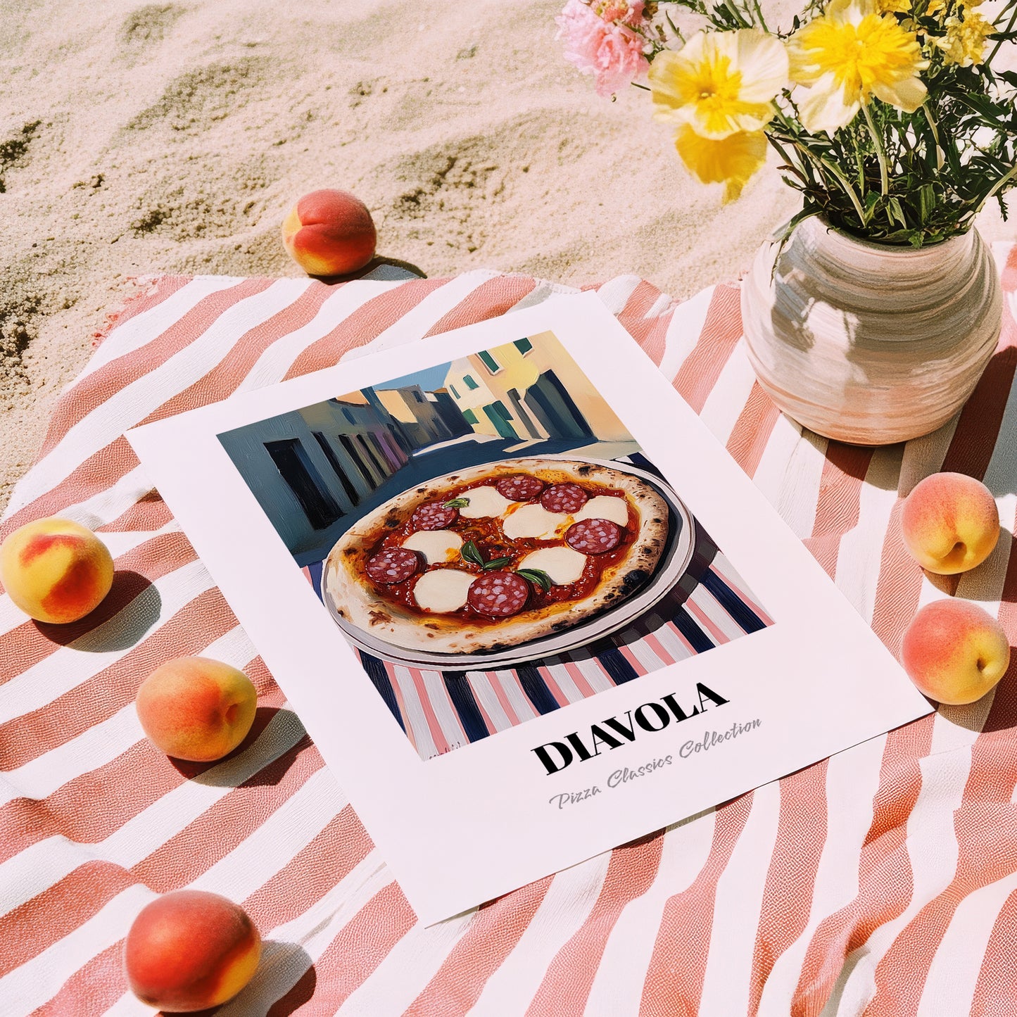 Pizza Diavola – Italian Outdoor Café Scene, Pizza Wall Decor, unframed on coastal sand