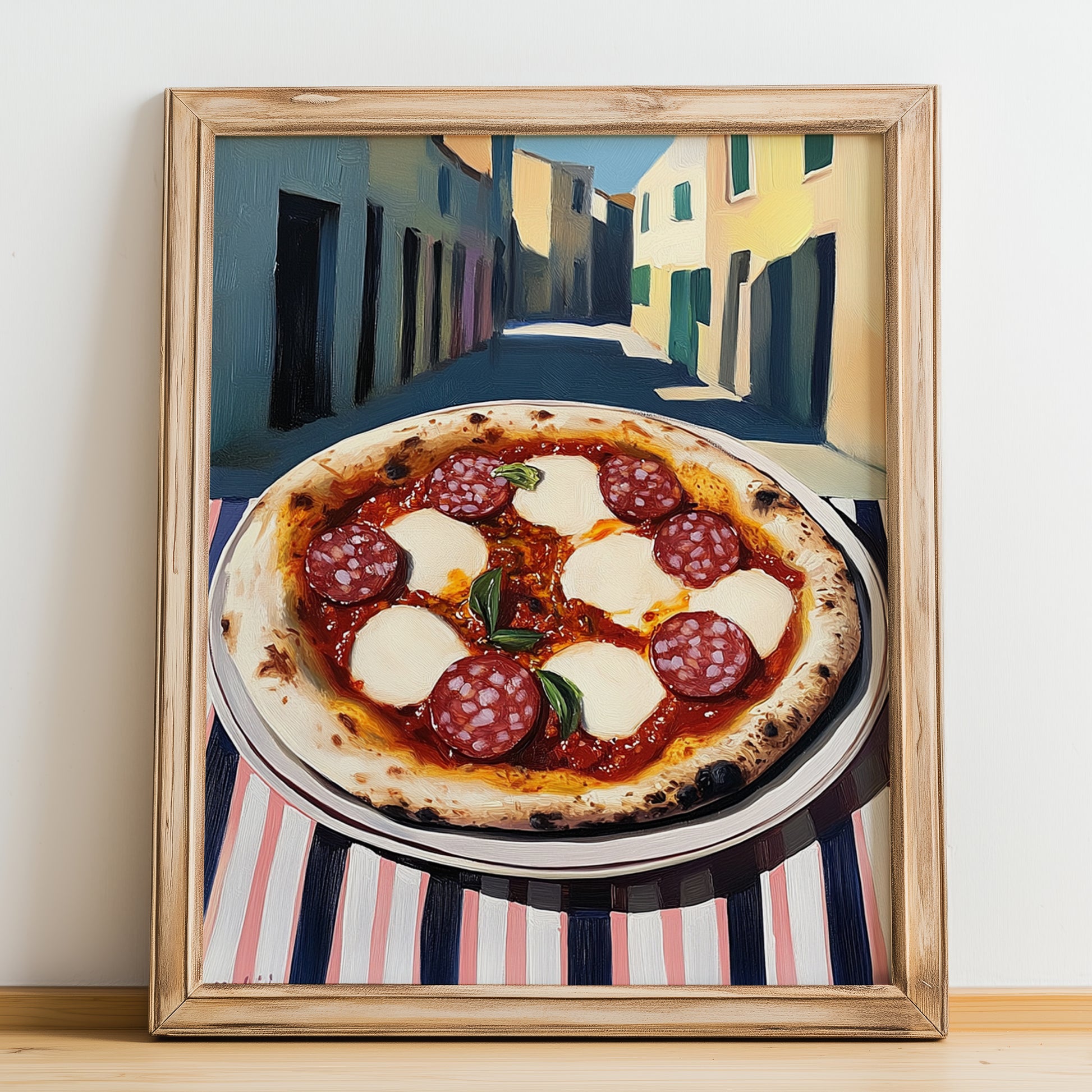 Pizza Diavola – Italian Outdoor Café Scene, Pizza Wall Decor, no-text version framed in wood