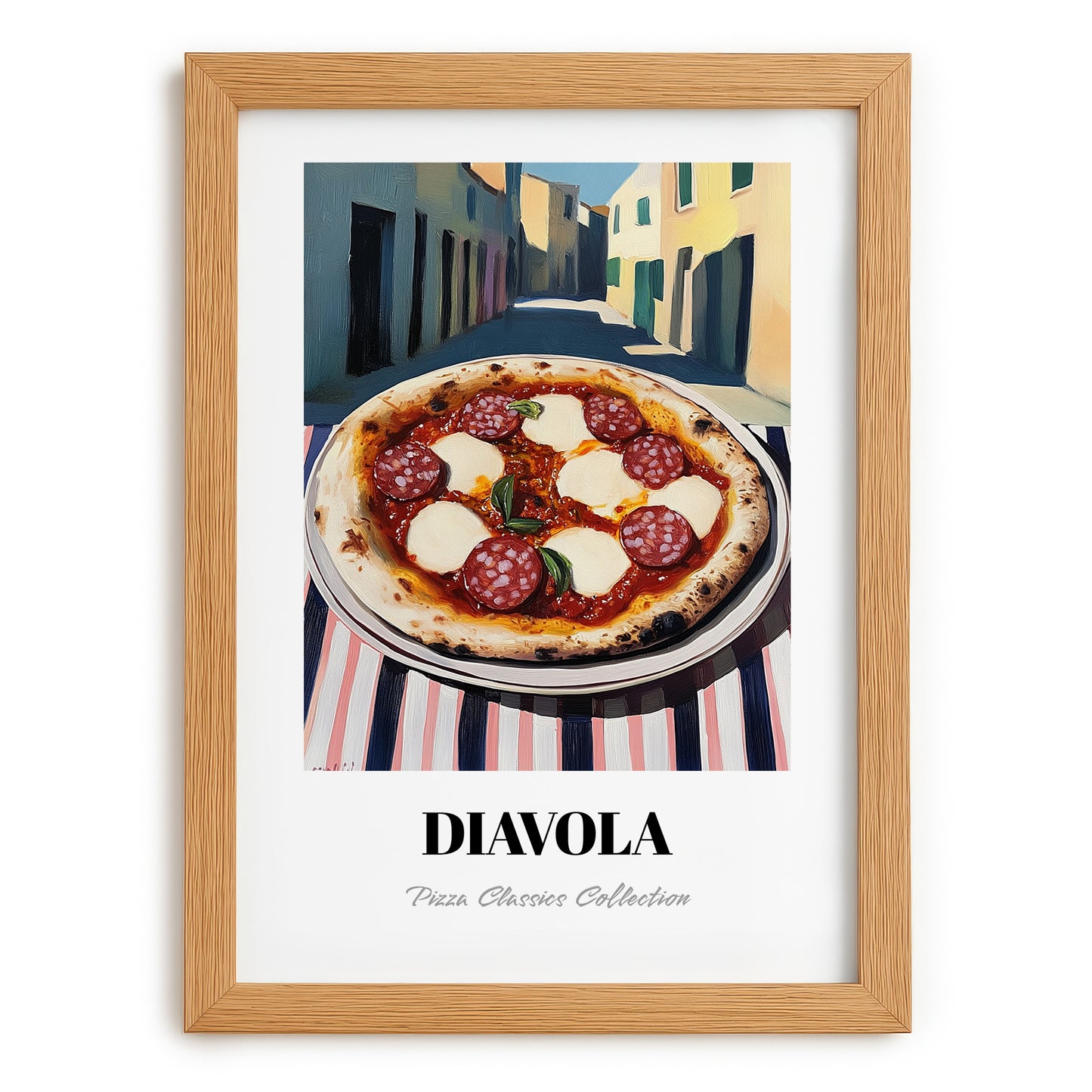 Pizza Diavola – Italian Outdoor Café Scene, Pizza Wall Decor, set in oak frame