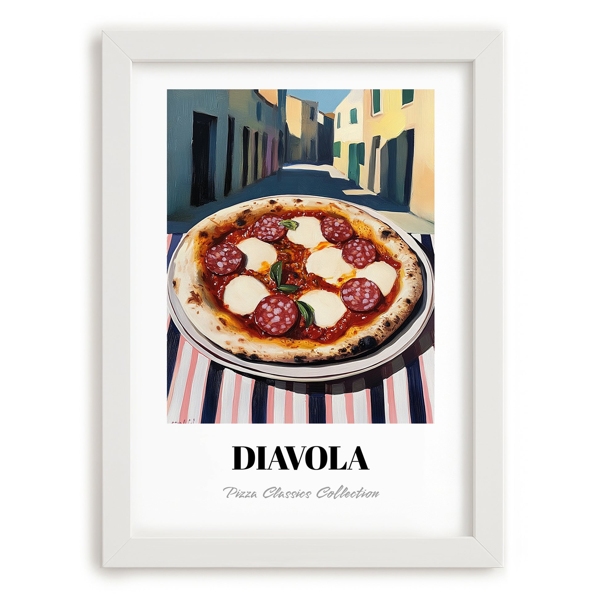Pizza Diavola – Italian Outdoor Café Scene, Pizza Wall Decor, placed in minimal white frame