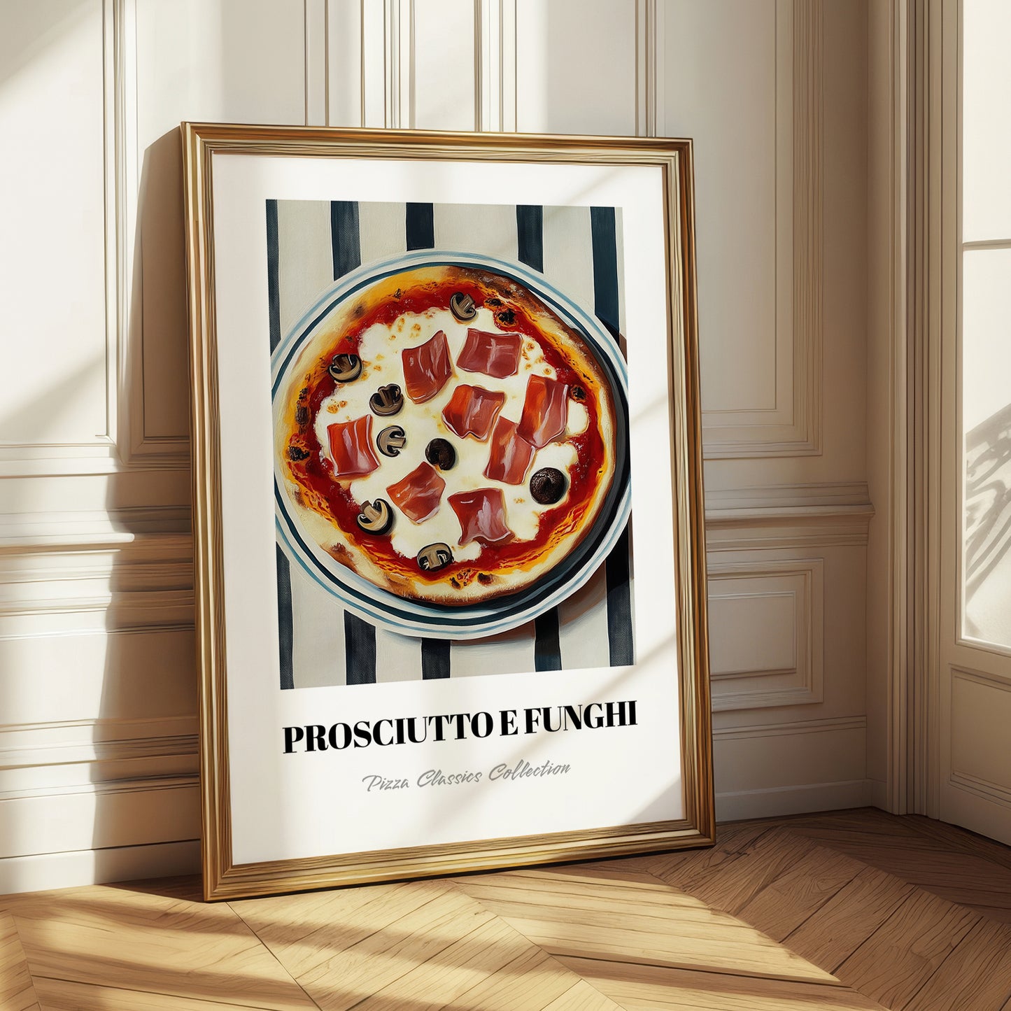 Prosciutto E Funghi – on Striped Tablecloth, Pizza Still Life