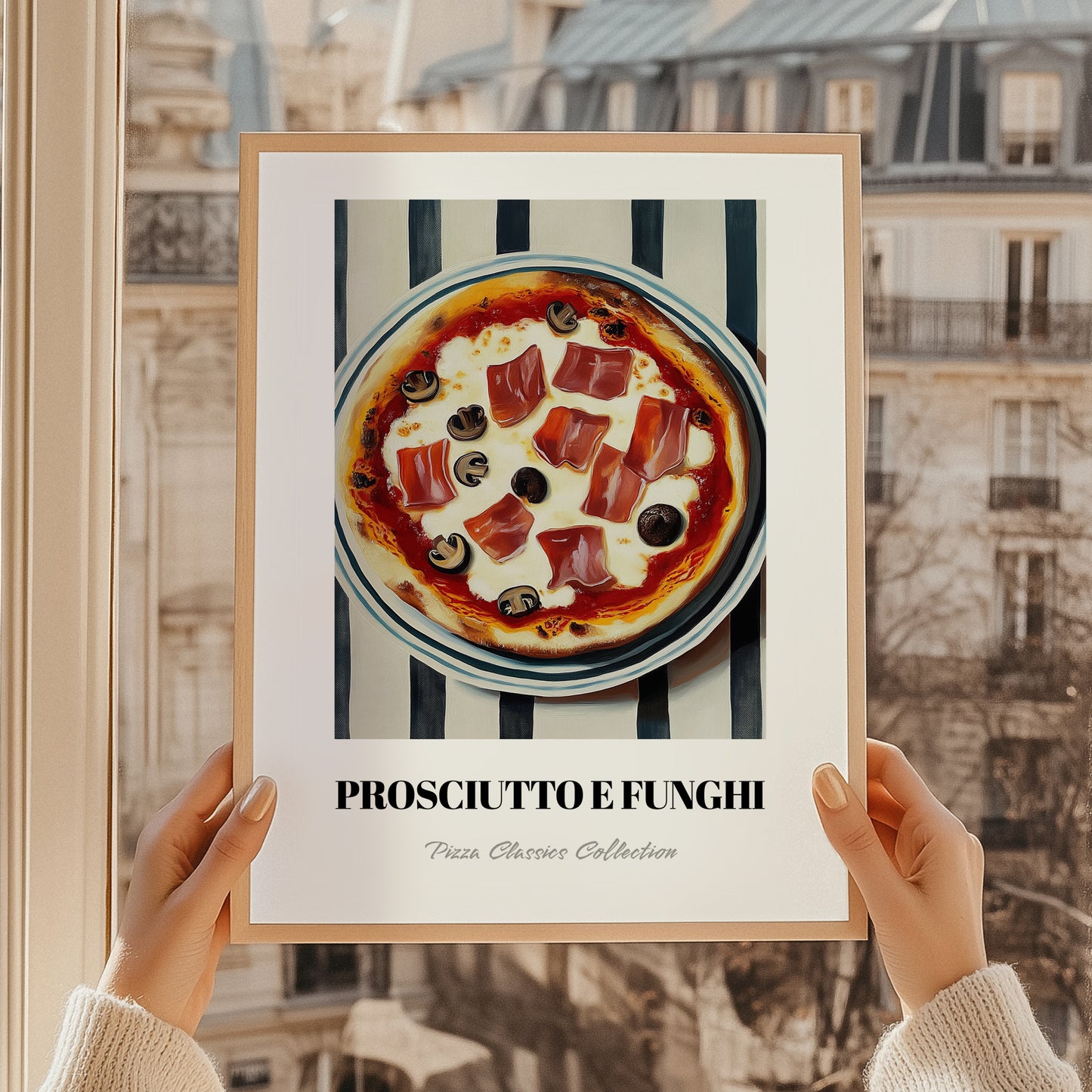 Prosciutto E Funghi – on Striped Tablecloth, Pizza Still Life, styled in a charming Paris street view