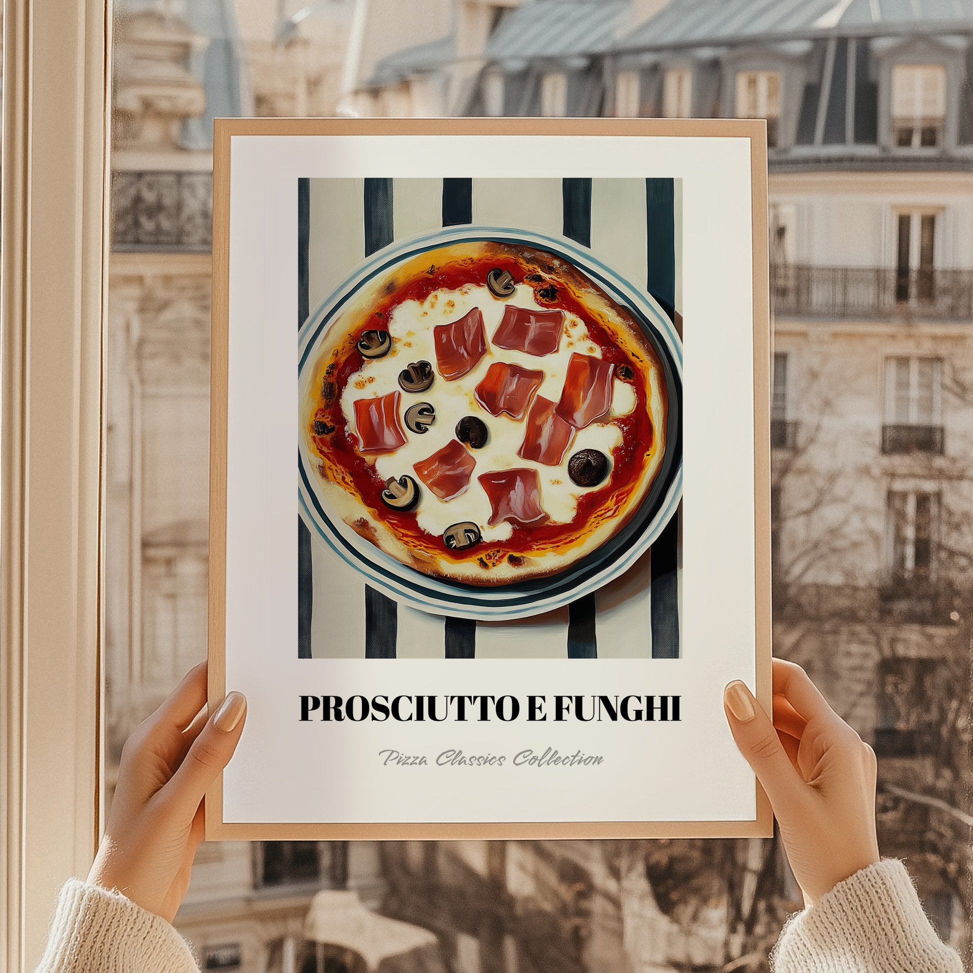 Prosciutto E Funghi – on Striped Tablecloth, Pizza Still Life, styled in a charming Paris street view