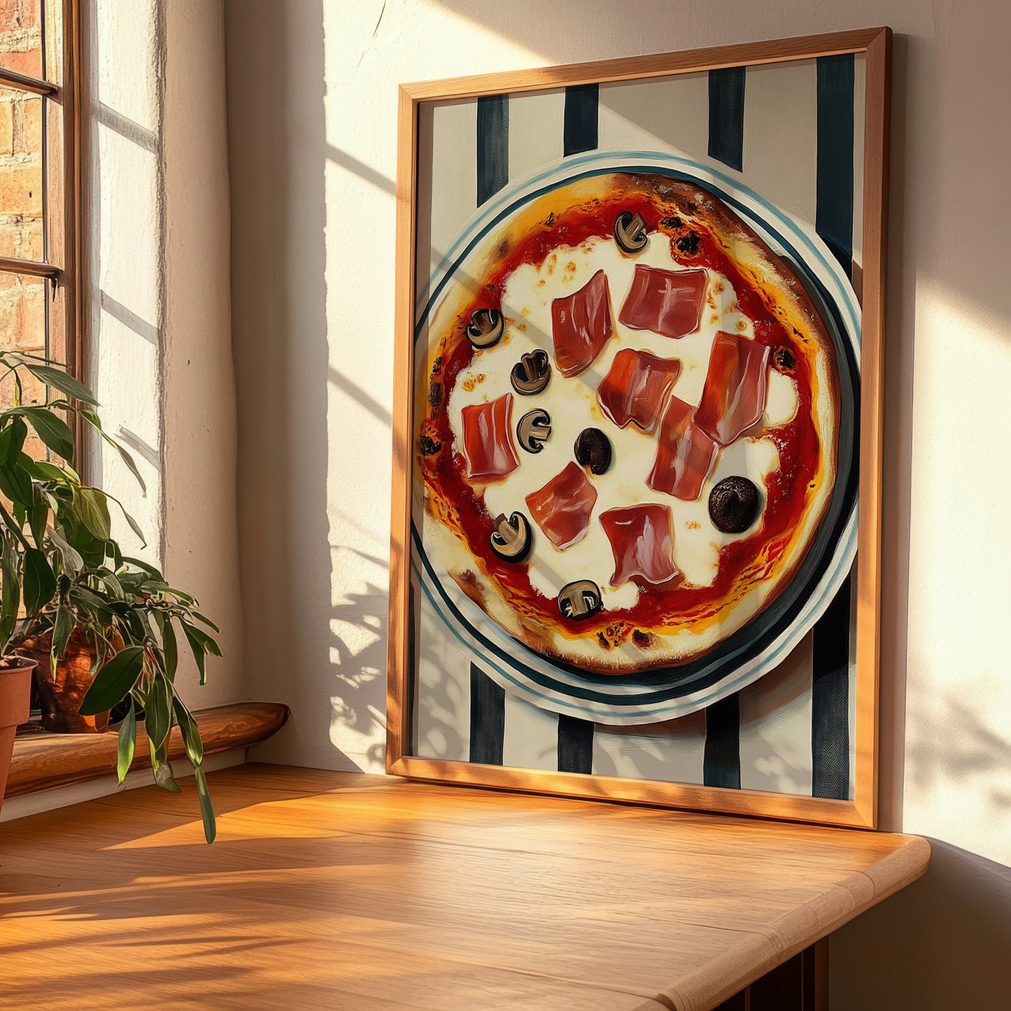 Prosciutto E Funghi – on Striped Tablecloth, Pizza Still Life, clean layout with no caption
