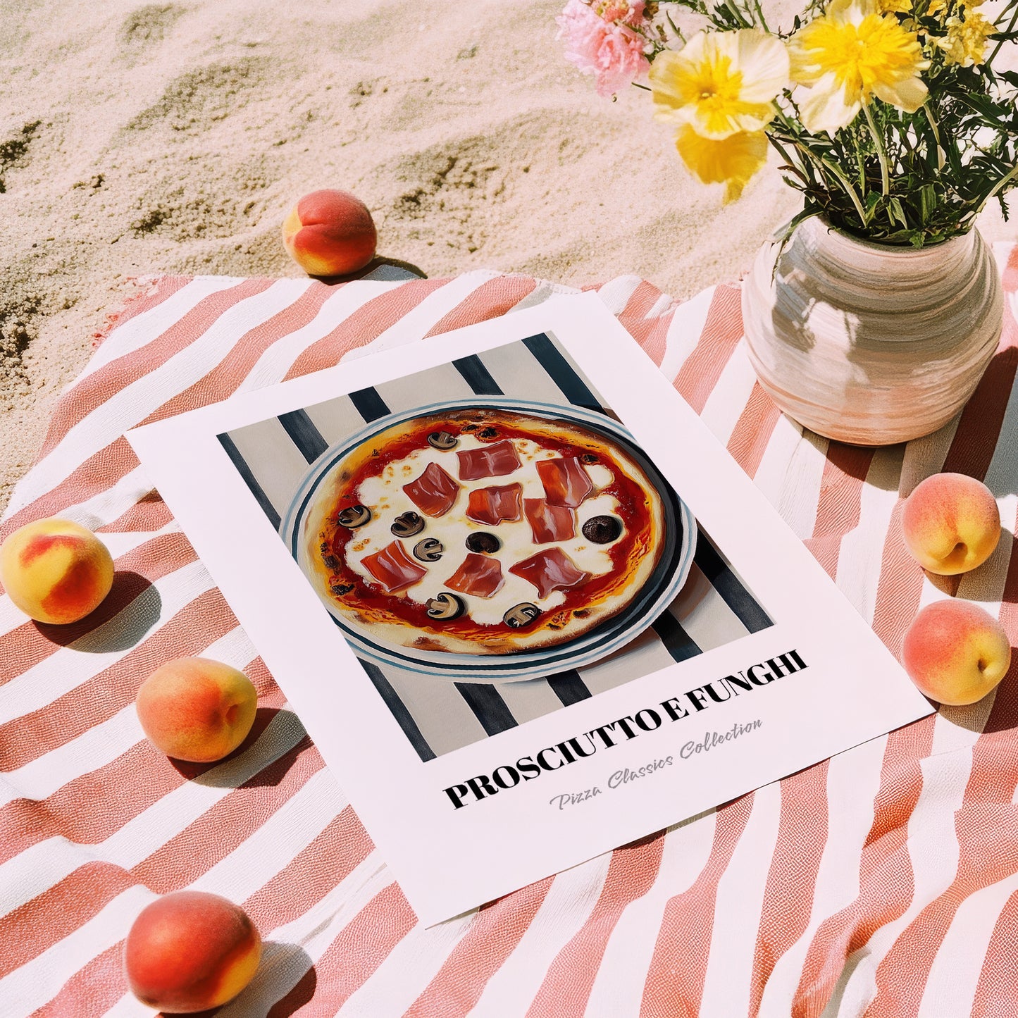 Prosciutto E Funghi – on Striped Tablecloth, Pizza Still Life, unframed on coastal sand