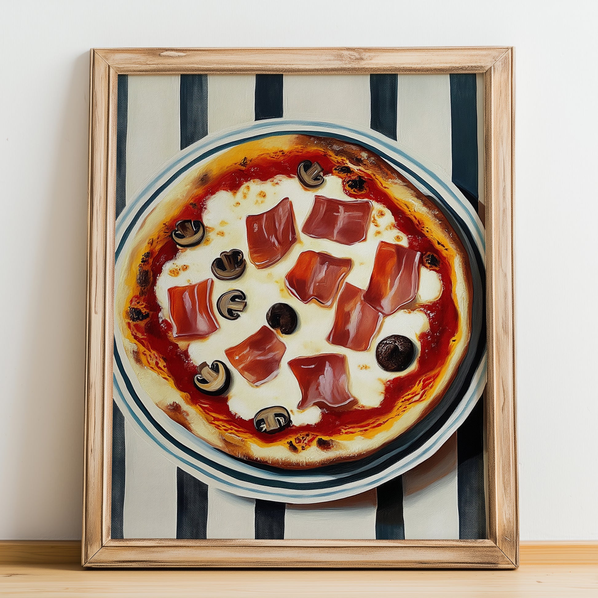 Prosciutto E Funghi – on Striped Tablecloth, Pizza Still Life, no-text version framed in wood