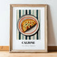Calzone – on Striped Tablecloth, Pizza Wall Art, in wooden frame leaning on the floor