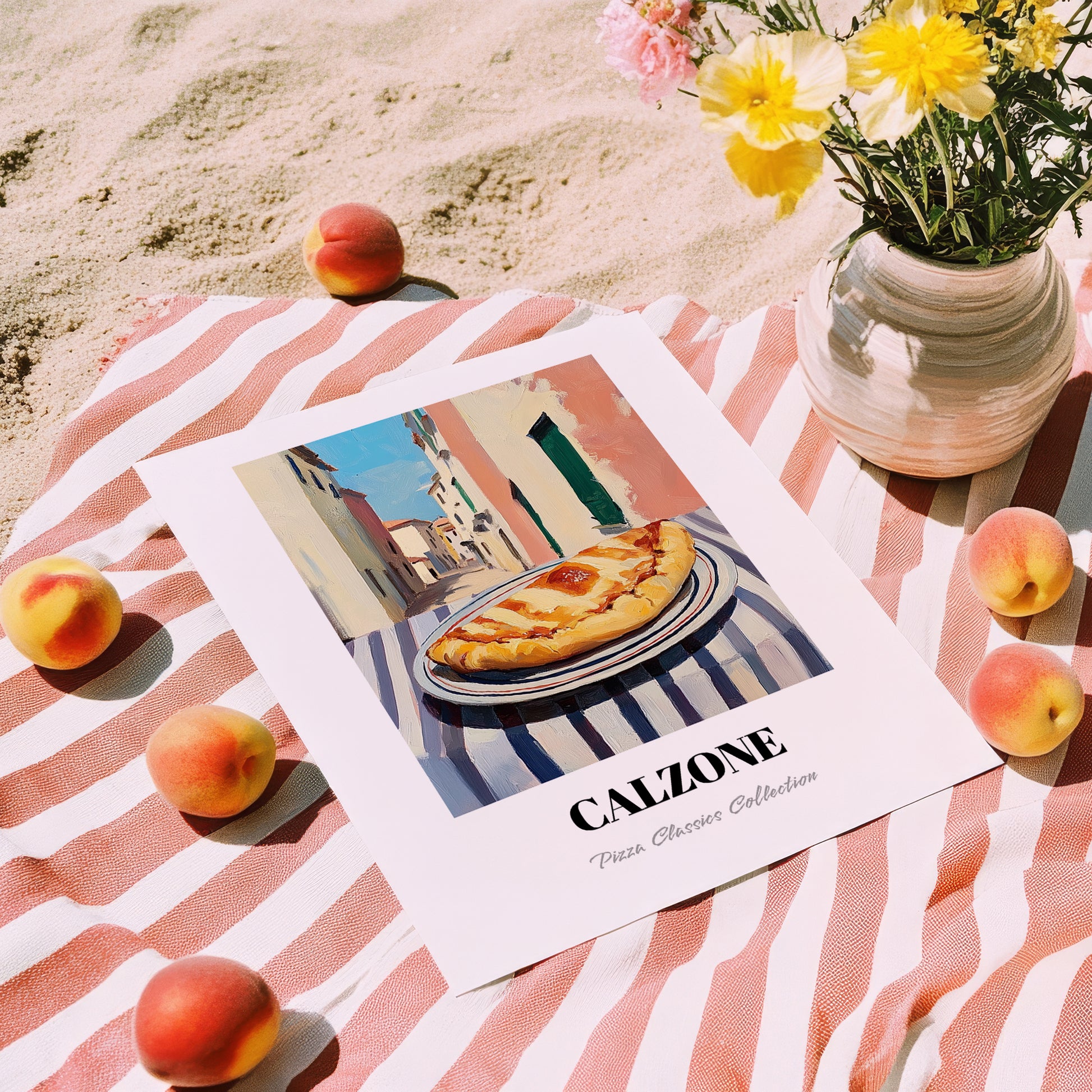 Pizza Calzone – Italian Outdoor Café Scene, Pizza Wall Art, unframed on coastal sand