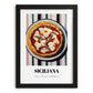 Siciliana – on Striped Tablecloth, Pizza Poster, in sleek black frame