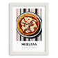 Siciliana – on Striped Tablecloth, Pizza Poster, placed in minimal white frame