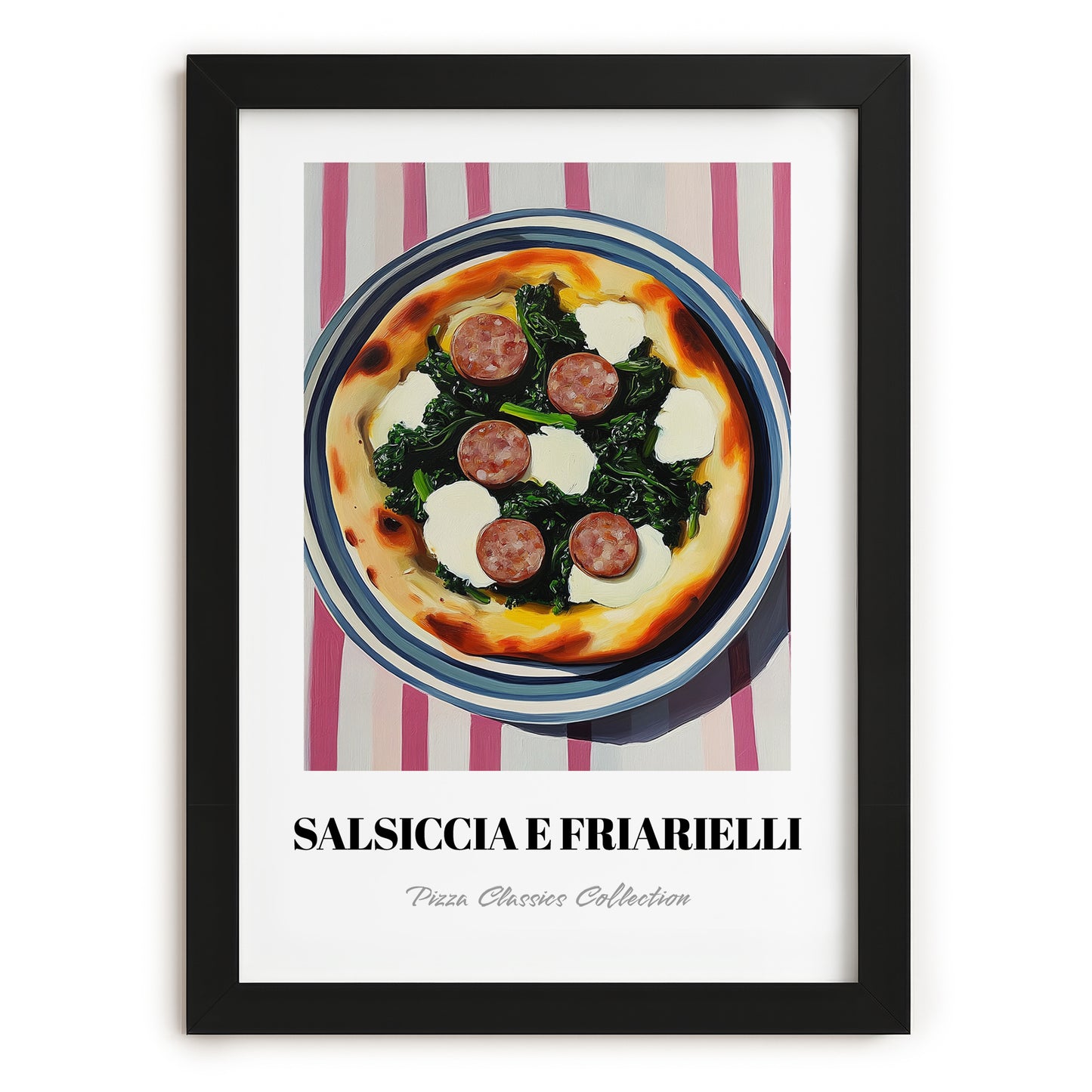 Salsiccia E Friarielli – on Striped Tablecloth, Pizza Still Life, in sleek black frame