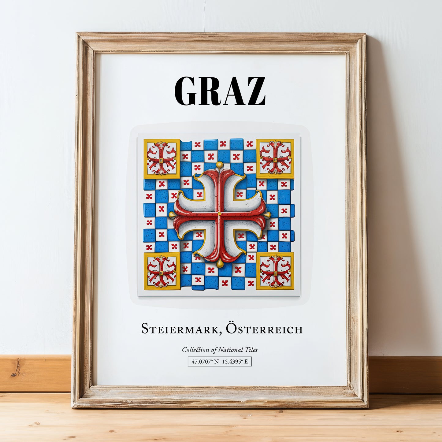 Graz, Austria – Travel Poster, in wooden frame leaning on the floor