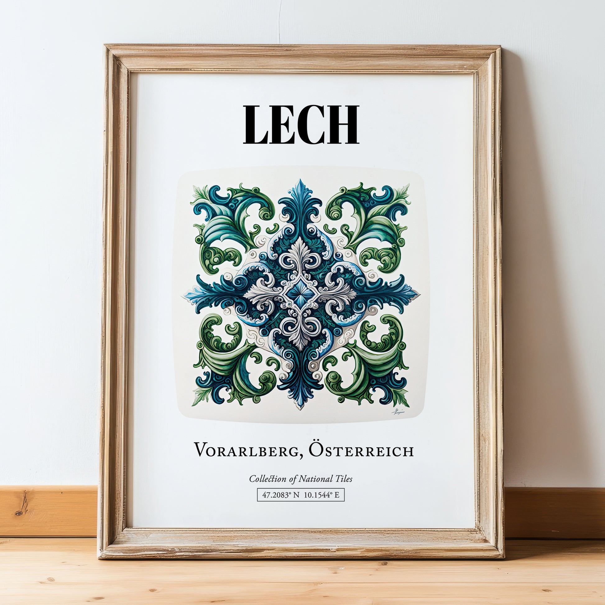 Lech, Austria – Travel Poster, in wooden frame leaning on the floor