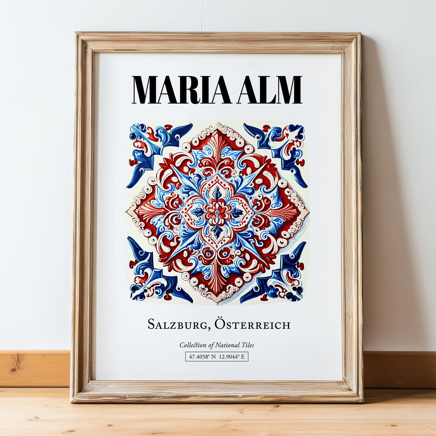 Maria Alm, Austria – Travel Poster, in wooden frame leaning on the floor
