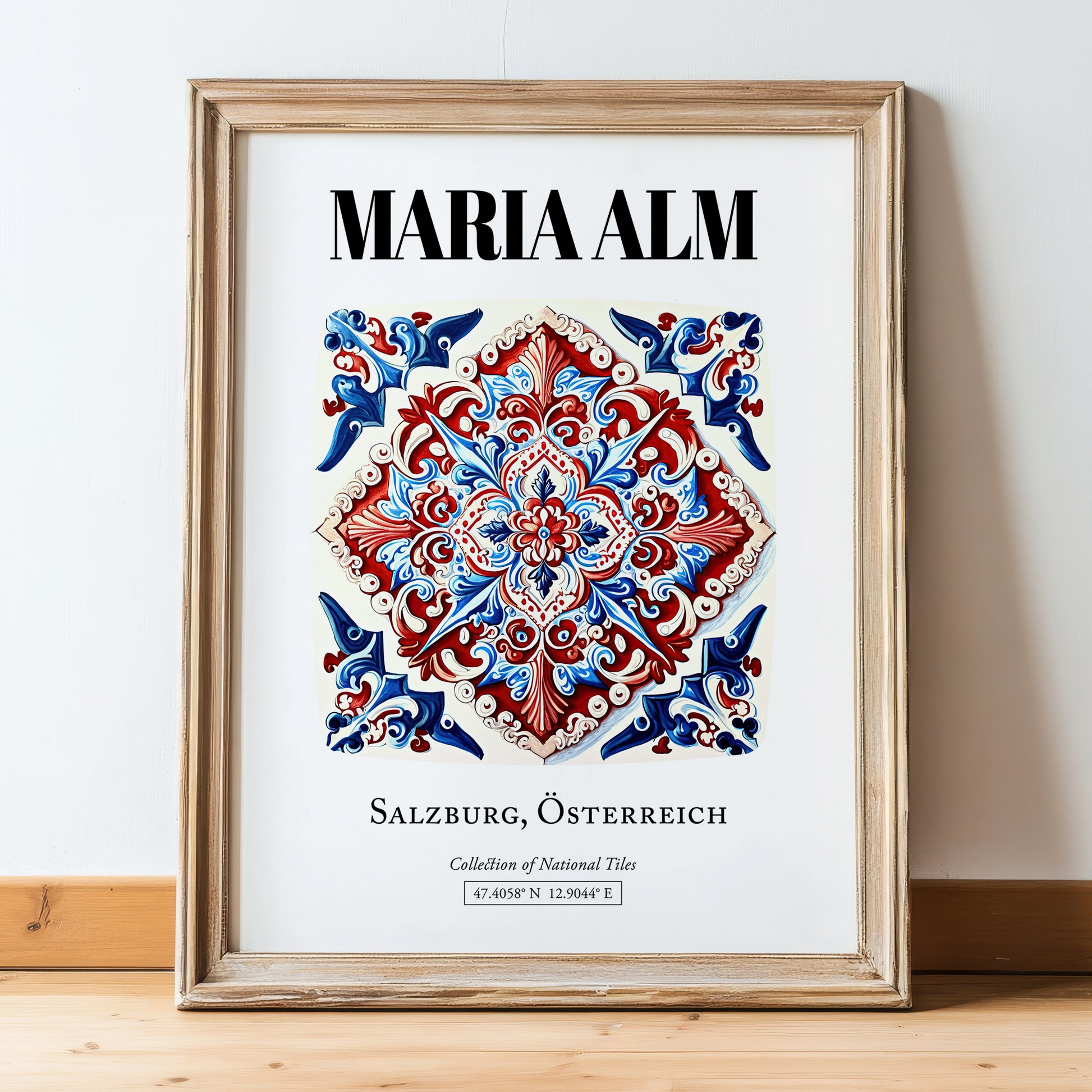Maria Alm, Austria – Travel Poster, in wooden frame leaning on the floor