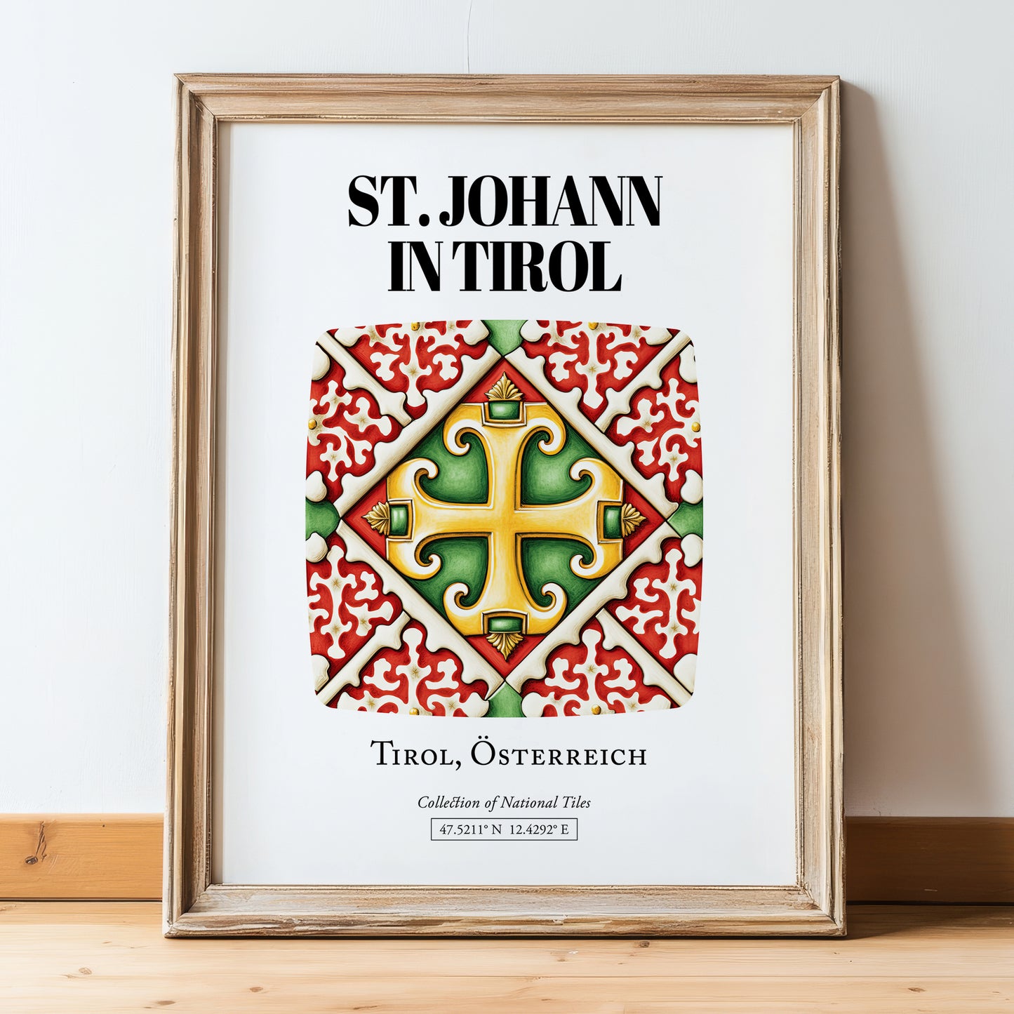 St. Johann In Tirol, Austria – Illustrated Travel Poster, in wooden frame leaning on the floor