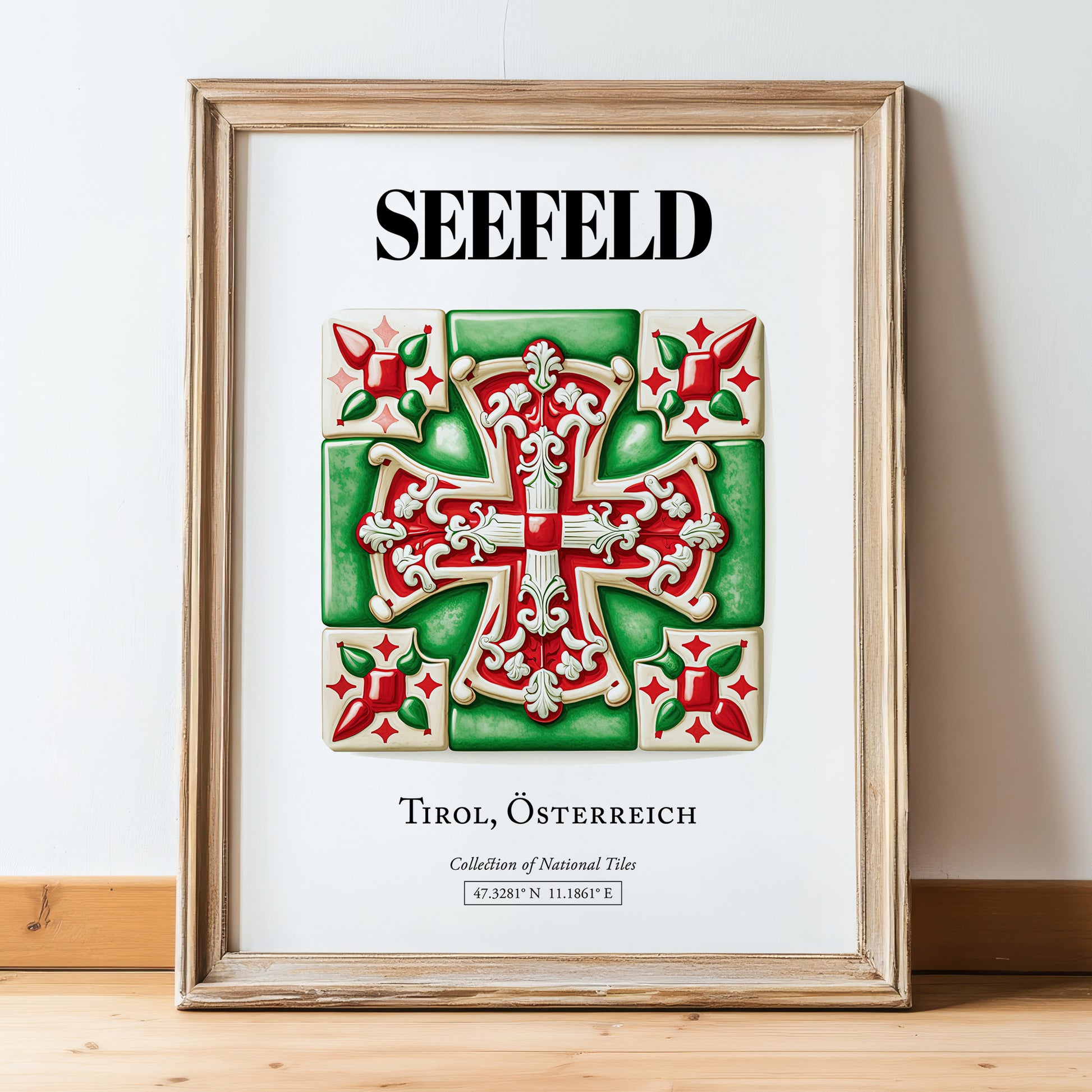Seefeld, Austria – Travel Poster, in wooden frame leaning on the floor