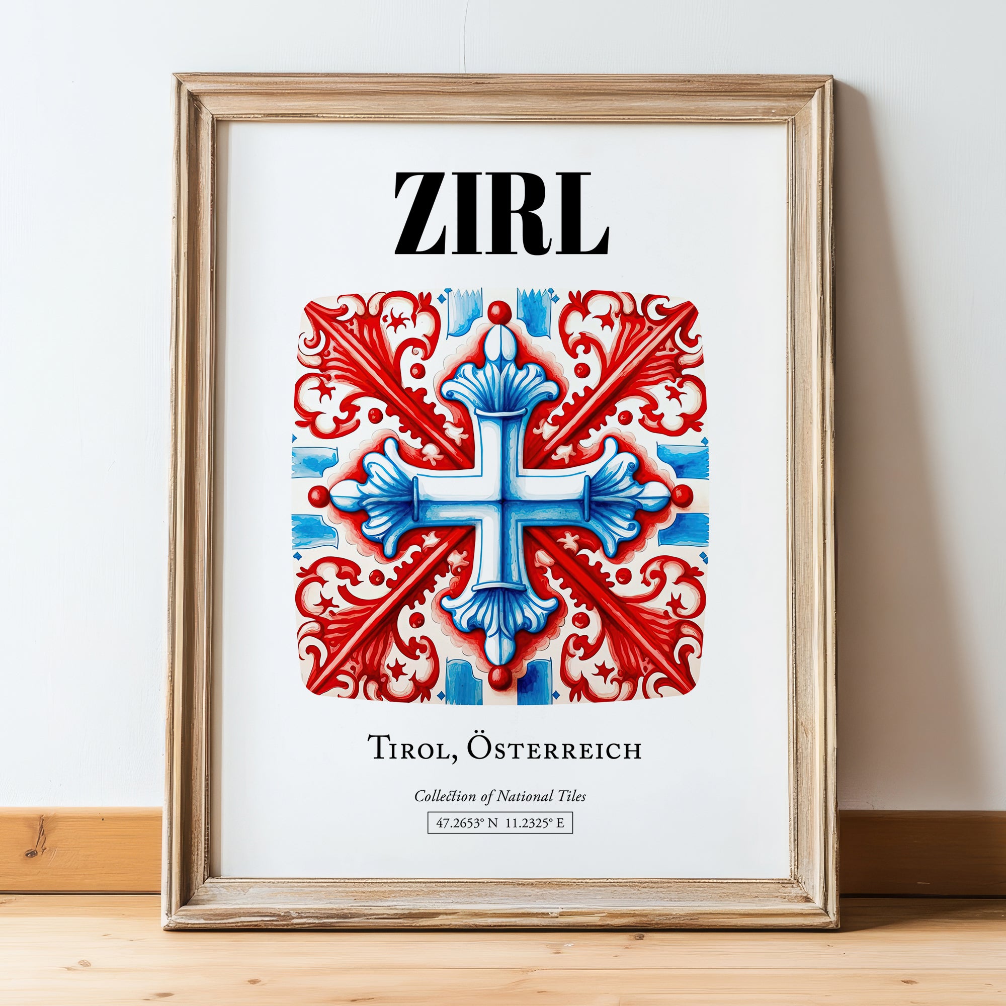 Zirl, Austria – Travel Poster, in wooden frame leaning on the floor