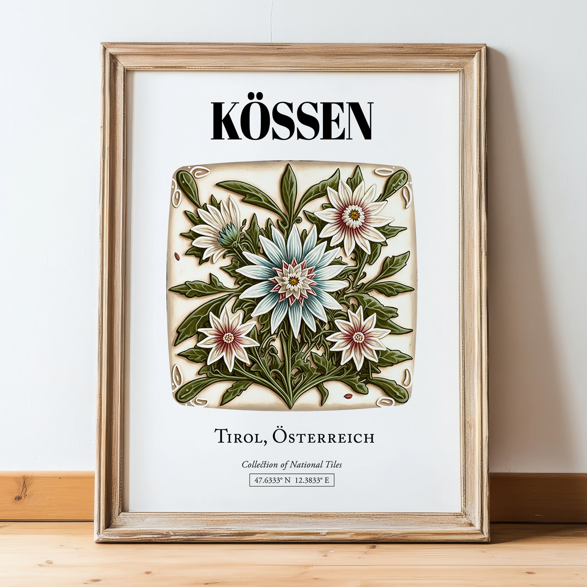 Kössen, Austria – Retro Travel Poster, in wooden frame leaning on the floor