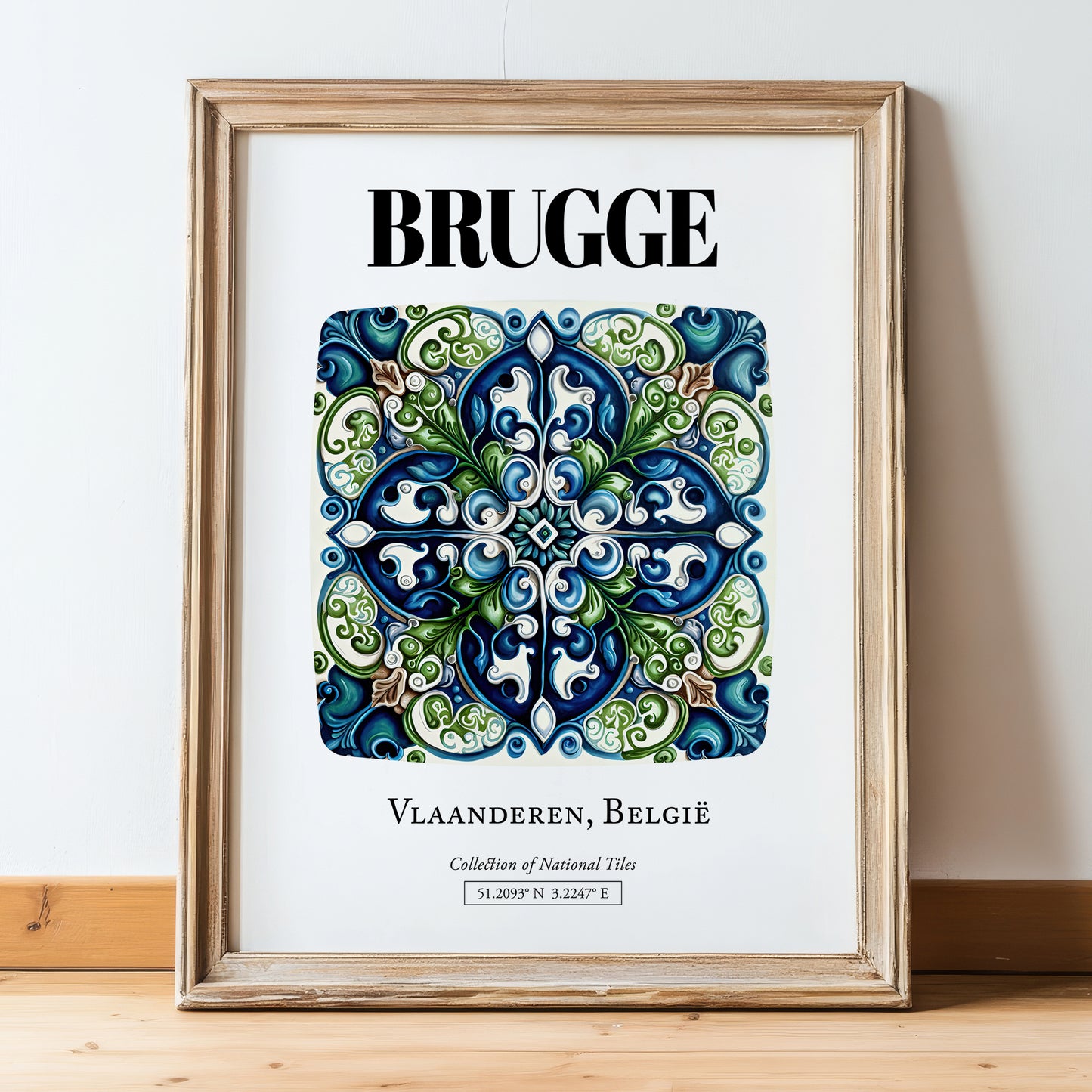 Bruges, Belgium – Travel Poster, in wooden frame leaning on the floor