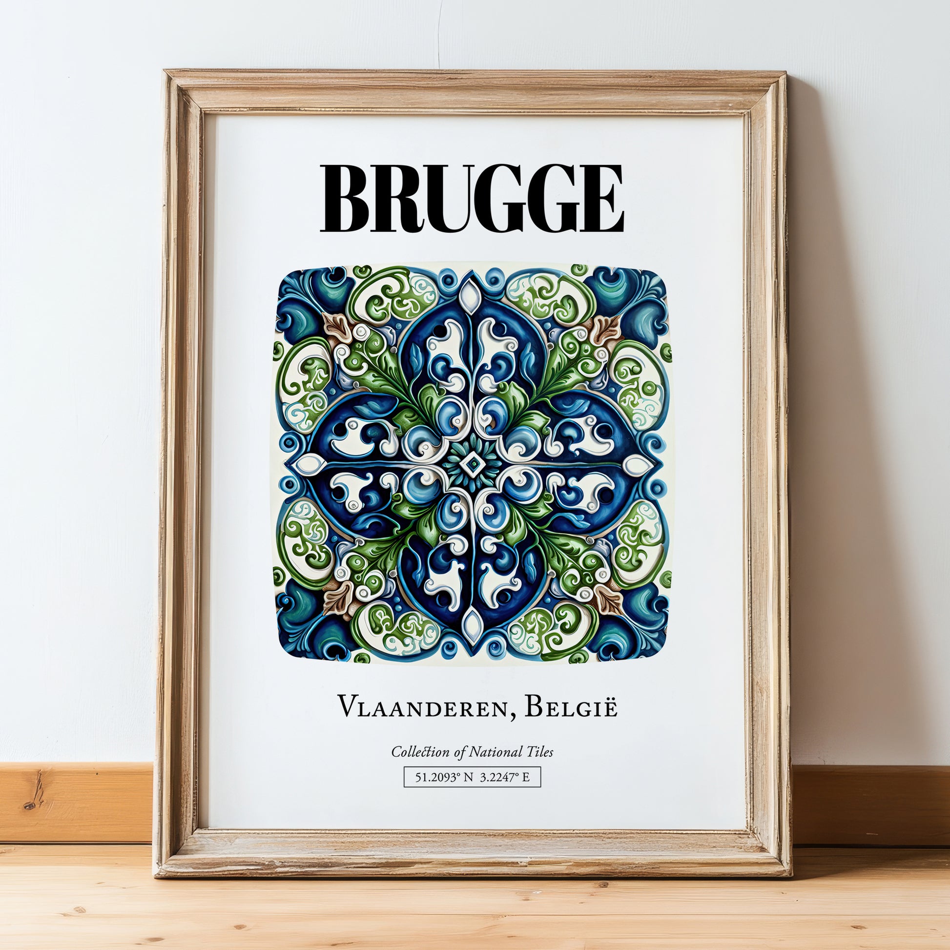 Bruges, Belgium – Travel Poster, in wooden frame leaning on the floor