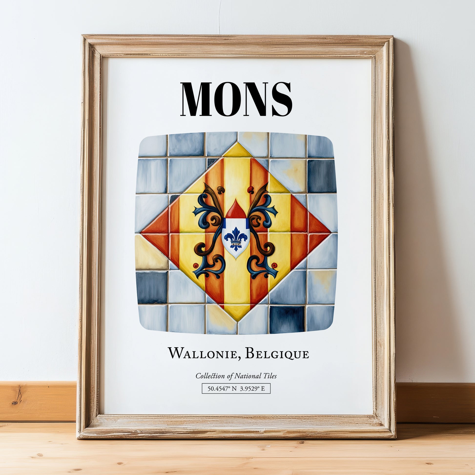 Mons, Belgium – Travel Print, in wooden frame leaning on the floor