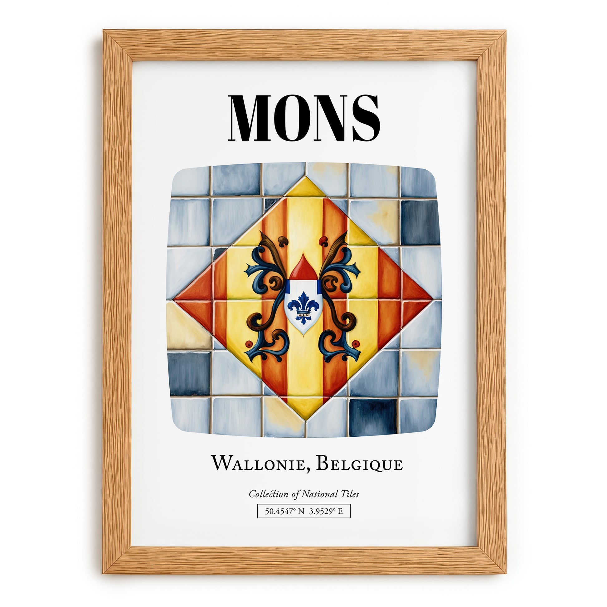 Mons, Belgium – Travel Print, set in oak frame