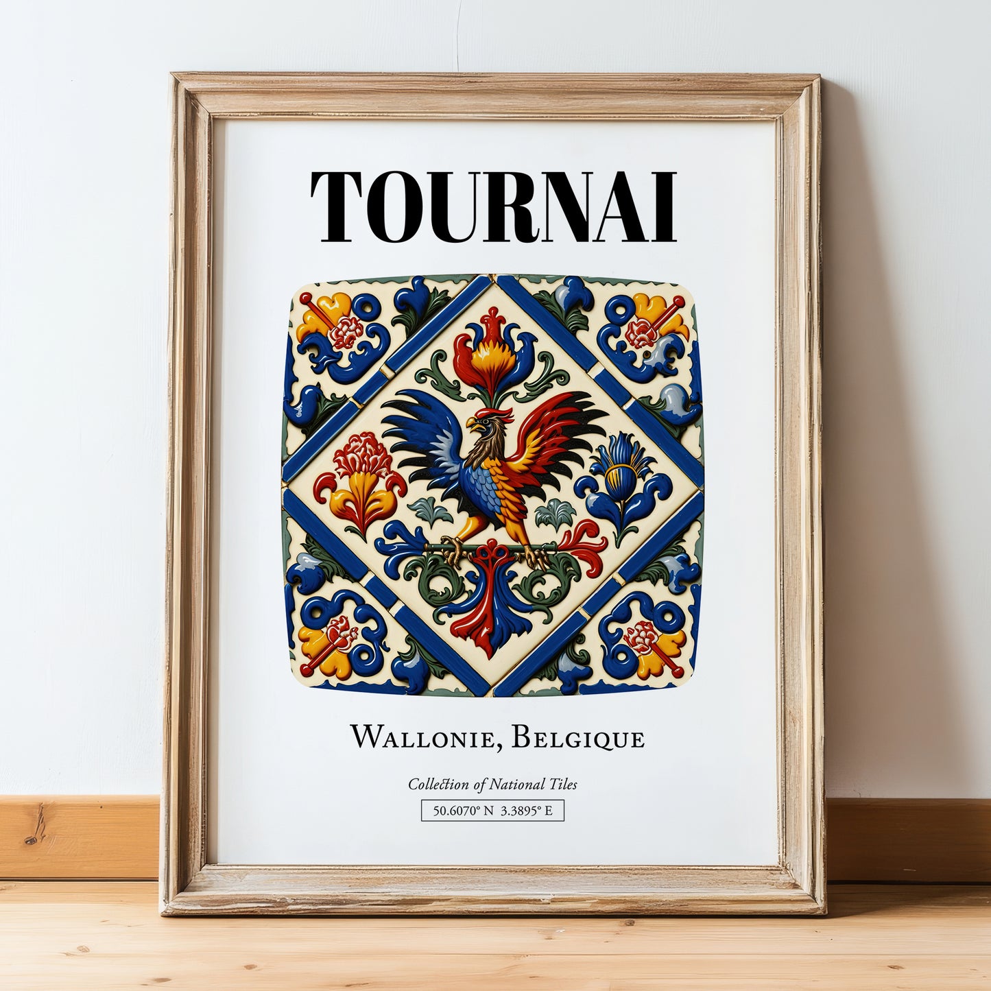 Tournai, Belgium – Travel Poster, in wooden frame leaning on the floor