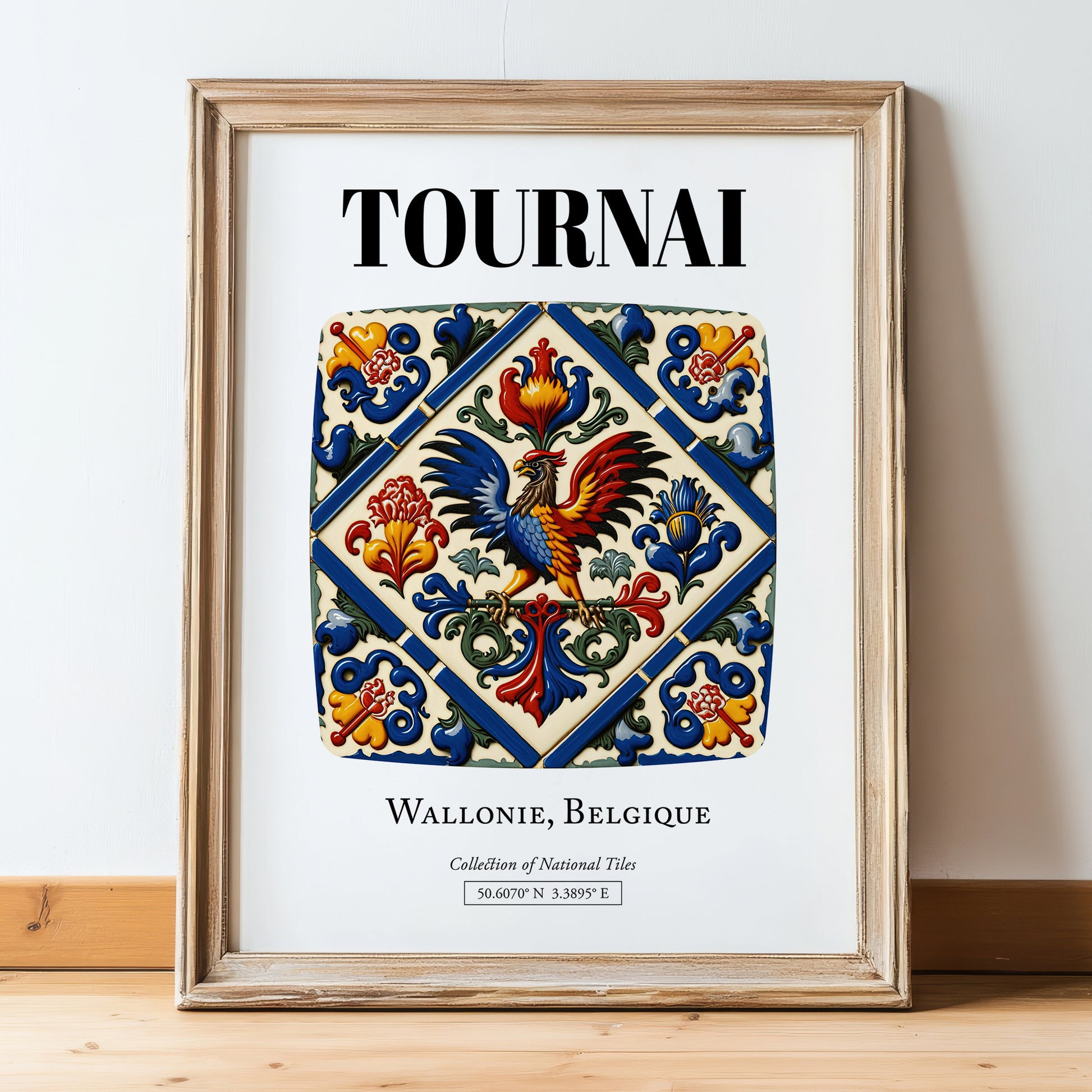 Tournai, Belgium – Travel Poster, in wooden frame leaning on the floor