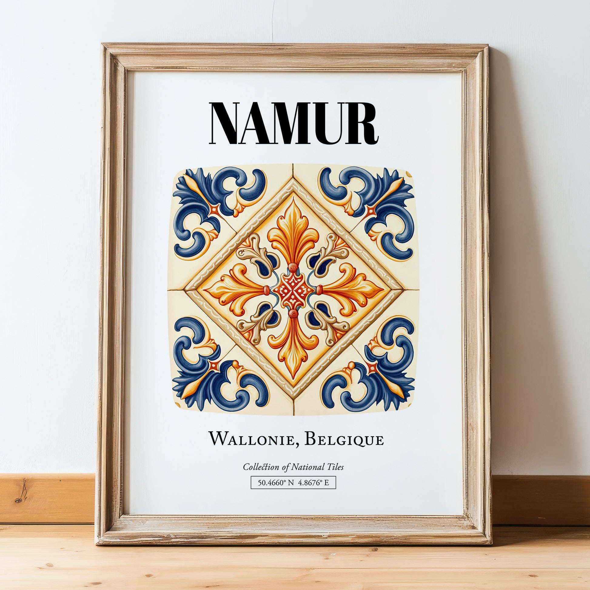 Namur, Belgium – Travel Poster, in wooden frame leaning on the floor