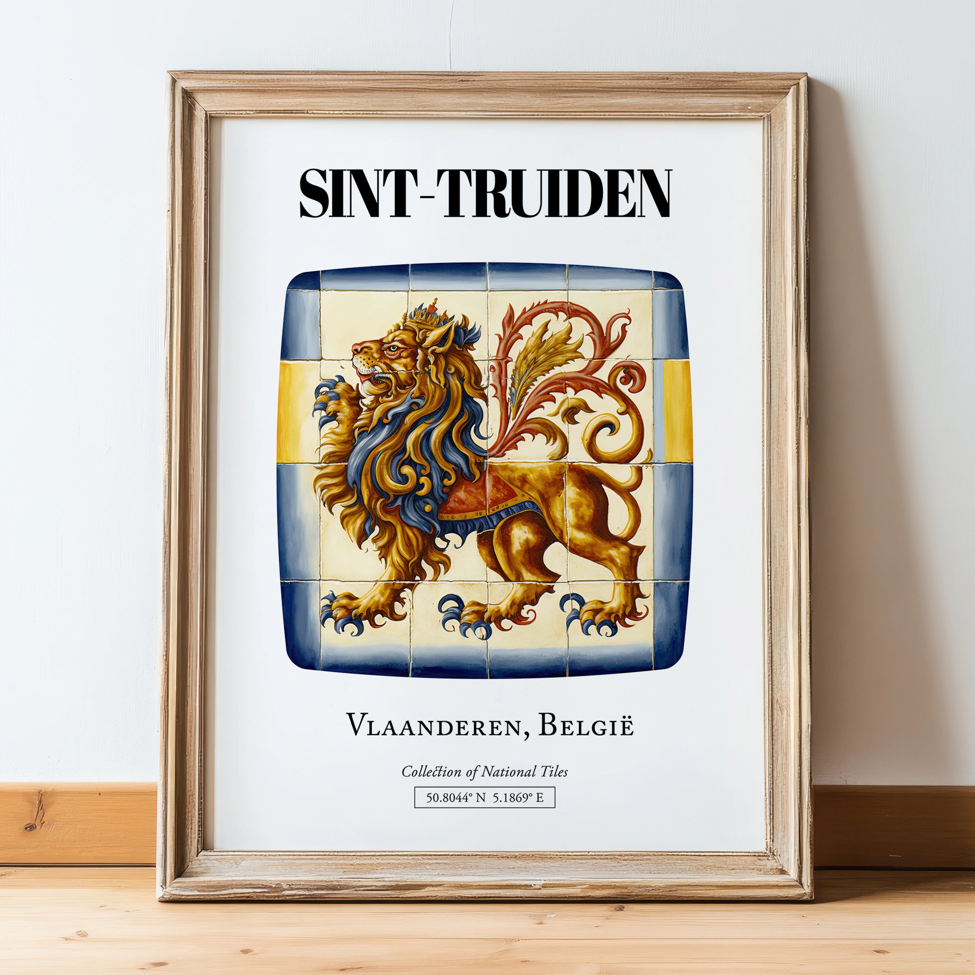 Sint-truiden, Belgium – Tourist Destination Poster, in wooden frame leaning on the floor