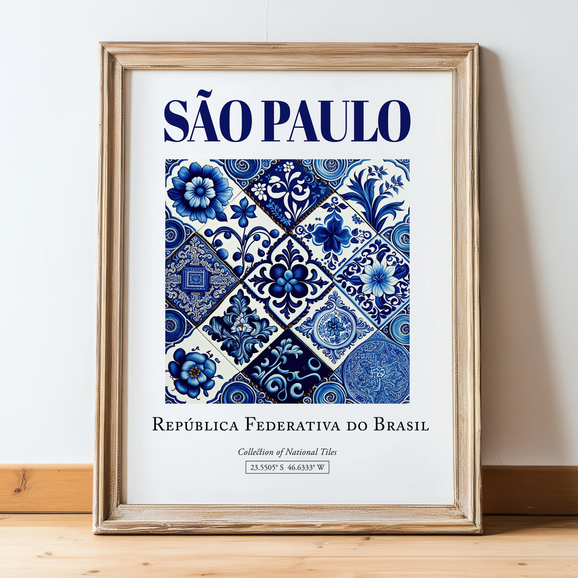 Sao Paulo, Brasil – Travel Poster, in wooden frame leaning on the floor