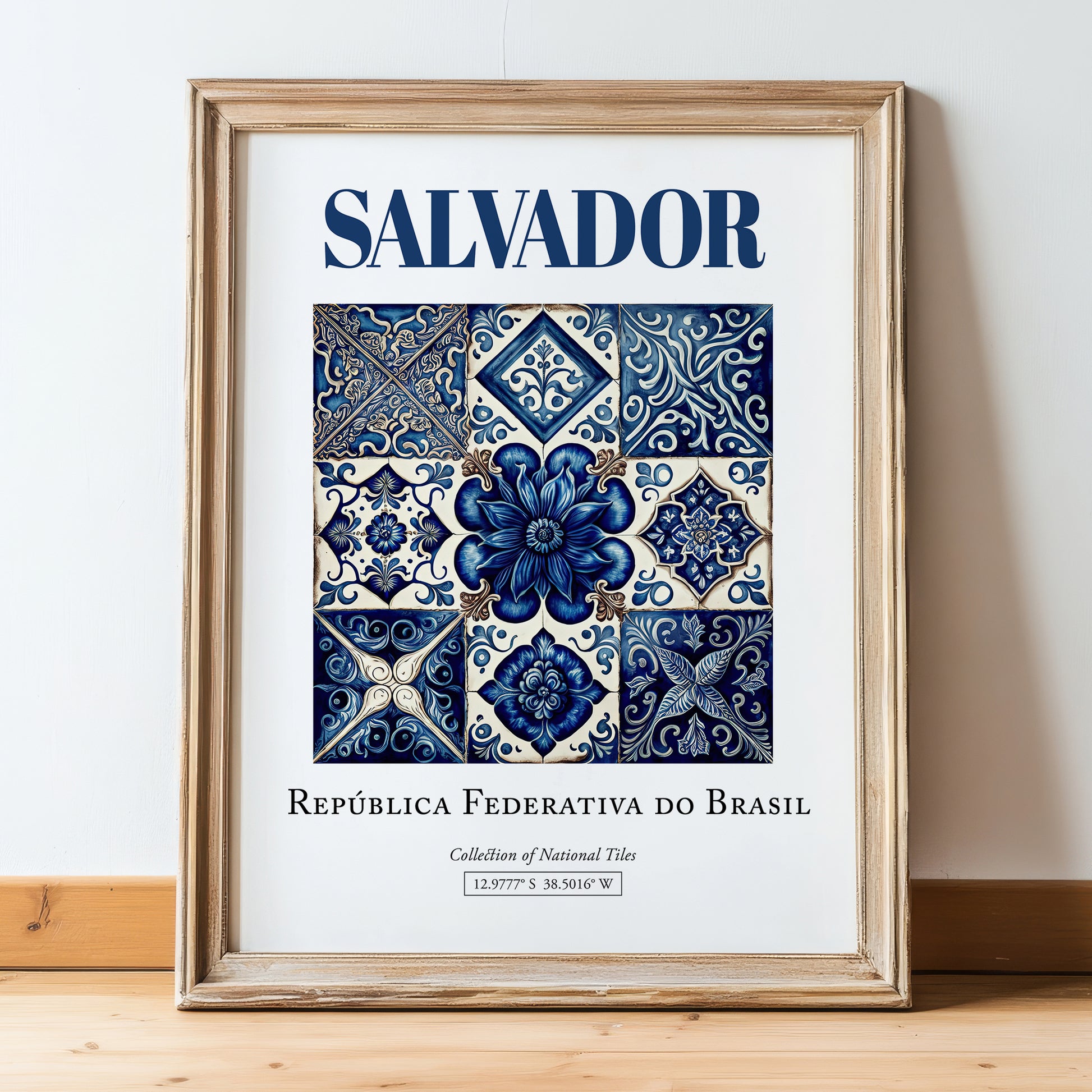 Salvador, Brasil – Architectural Travel Art, in wooden frame leaning on the floor