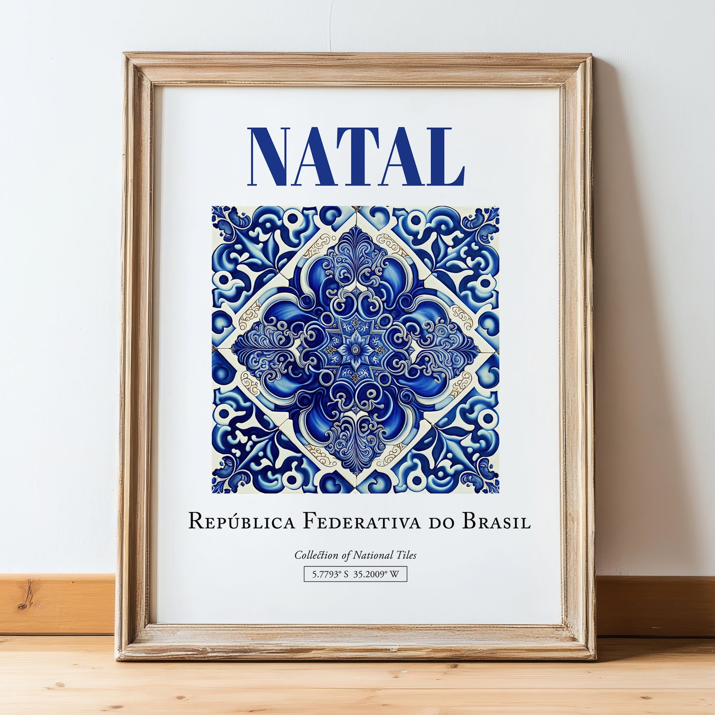 Natal, Brasil – Travel Poster, in wooden frame leaning on the floor
